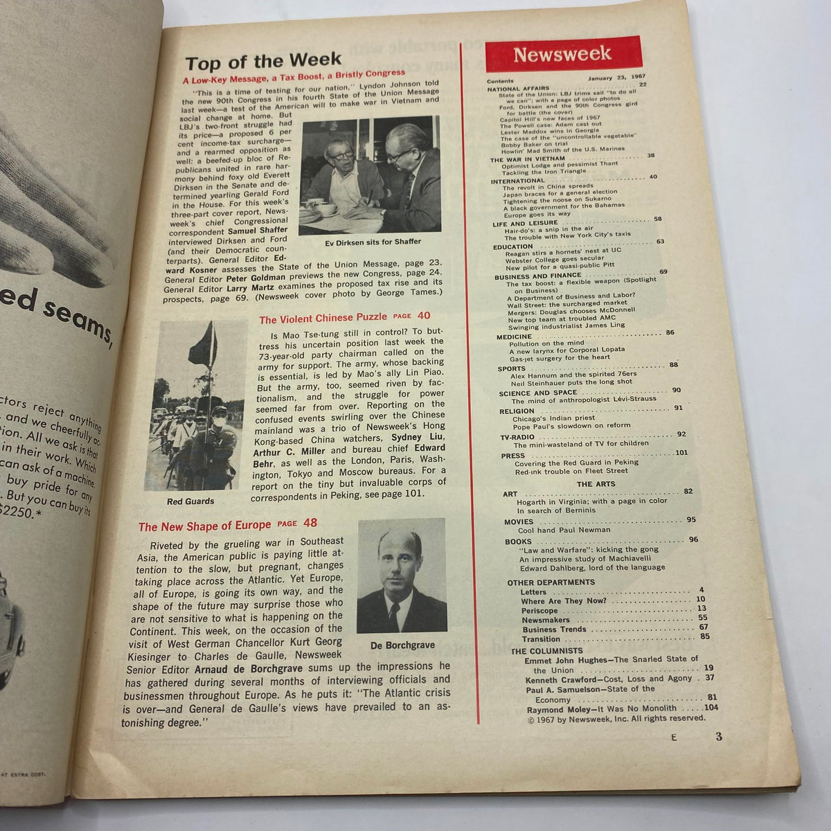 Inside page of VTG Newsweek Magazine January 23 1967 displaying articles and topics discussed, including prominent political events and leaders.