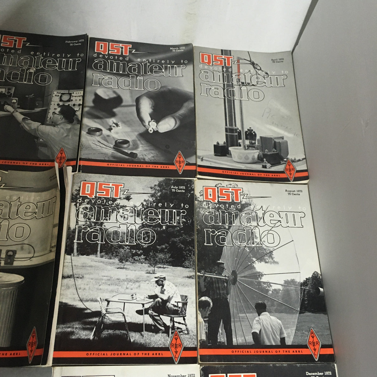 Collection of QST Amateur Radio magazines from 1972, showcasing covers for January, February, March, April, May, and June. Lot of 12 Complete January to December 1972 QST Amateur Radio Volume 1-12.
