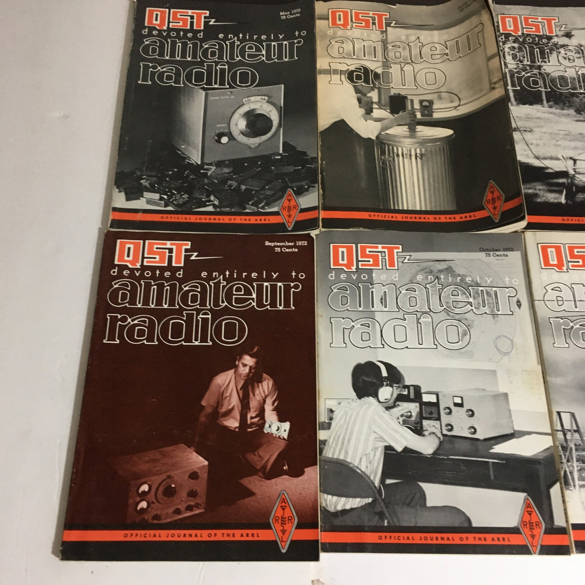Vintage QST Amateur Radio magazine covers from May, September, October, November, and December 1972. This lot includes 12 complete issues from January to December 1972.