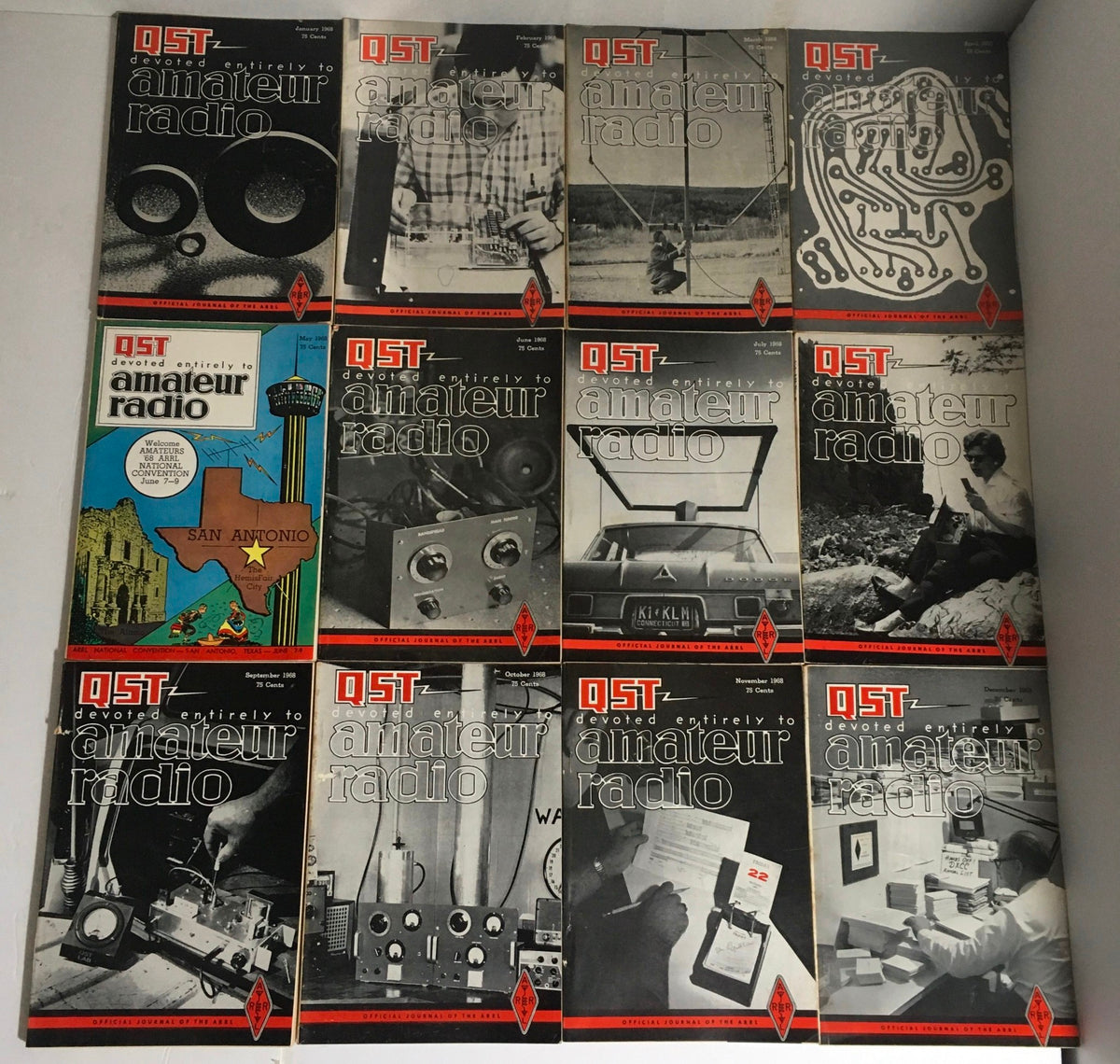 Lot of 12 Complete January to December 1968 QST Amateur Radio Volume 1-12, showcasing magazine covers including audio equipment and amateur radio themes.