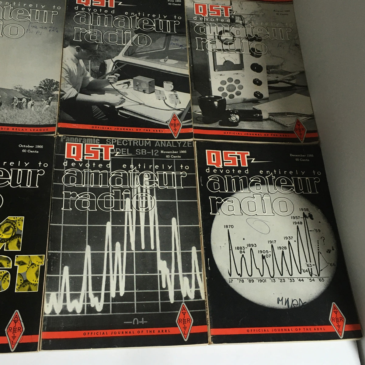 Lot of 12 Complete January to December 1966 QST Amateur Radio Volumes featuring covers with radio equipment and amateur radio activities.