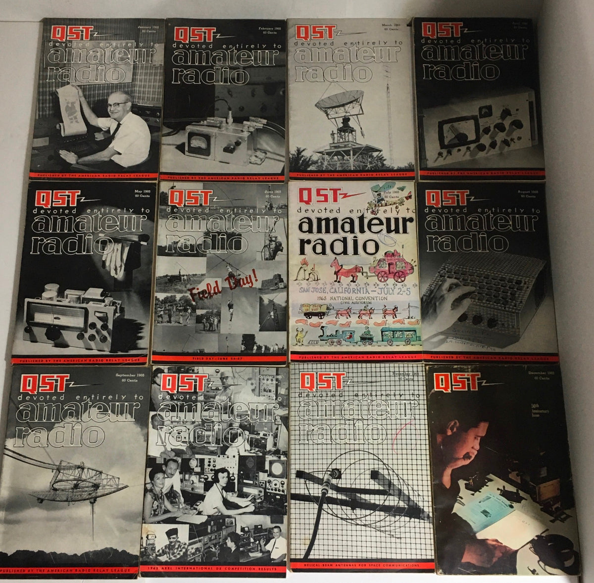 Lot of 12 Complete January to December 1965 QST Amateur Radio magazines showcasing vintage cover designs featuring radio technology and enthusiasts.
