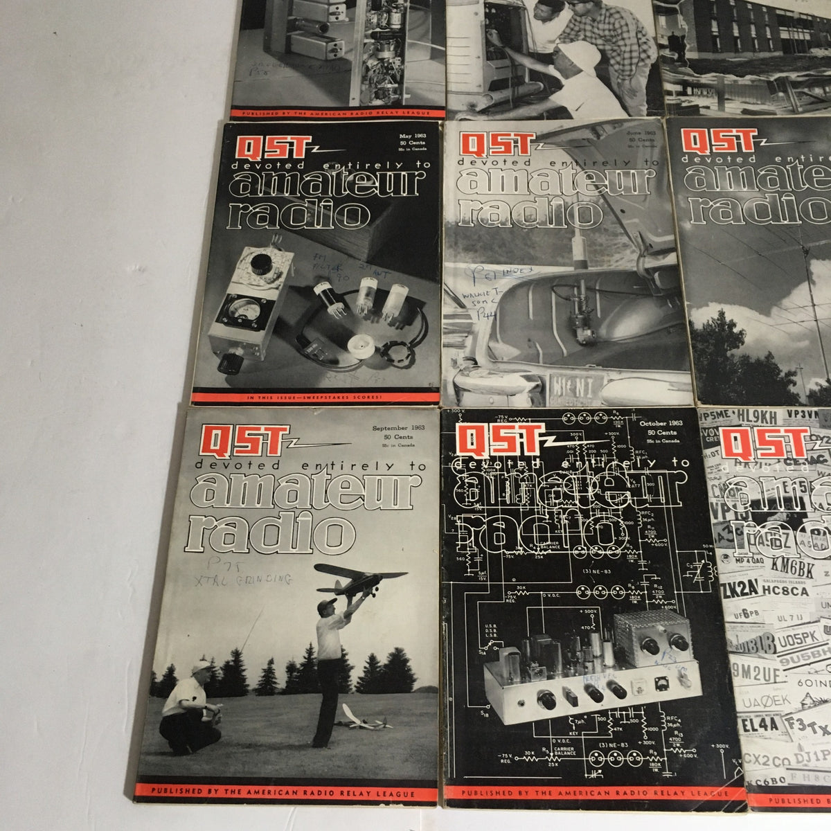 Lot of 12 Complete January to December 1963 QST Amateur Radio Volume 1-12 featuring magazine covers that capture the essence of ham radio during 1963.
