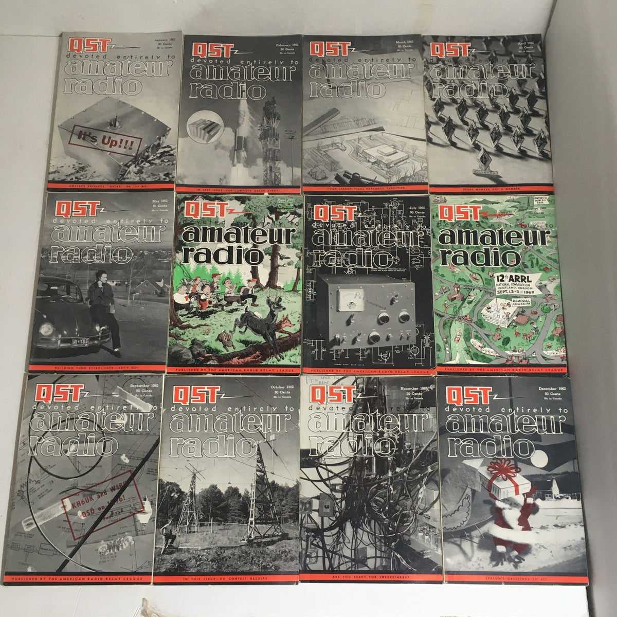 Complete January to December 1962 QST Amateur Radio Volume 1-12 collection showcasing vintage magazine covers featuring amateur radio themes and designs.