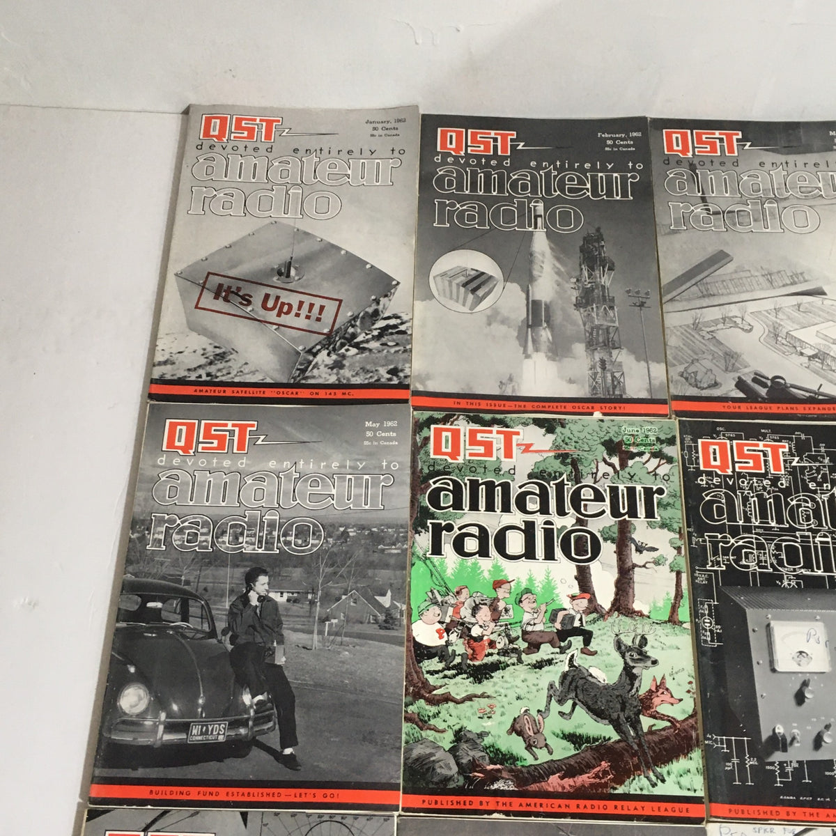 Complete January to December 1962 QST Amateur Radio Volume 1-12 highlighting the covers with key articles and illustrations from the vintage magazine series.