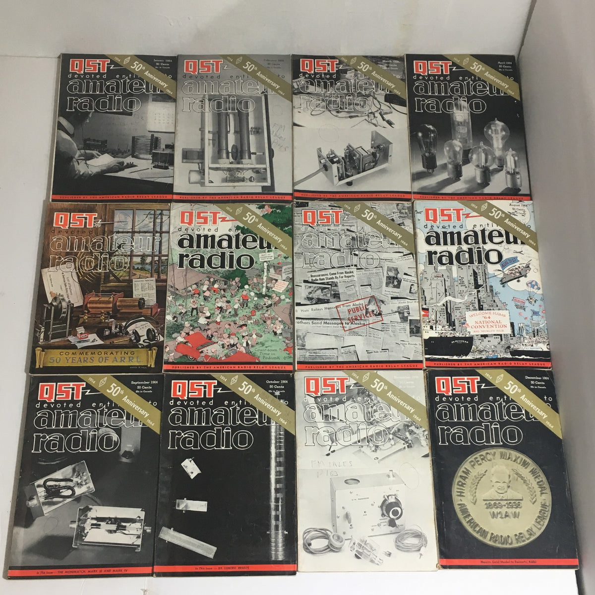 Lot of 12 Complete January to December 1964 QST Amateur Radio magazines, showcasing diverse covers and content from the amateur radio community.