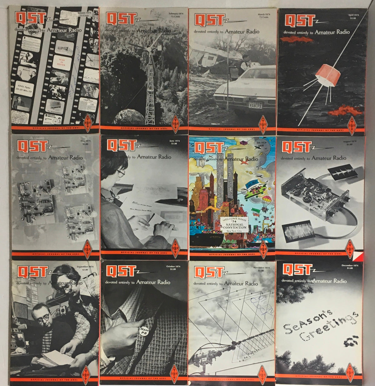 Lot of 12 Complete January to December 1974 QST Amateur Radio Volume 1-12 featuring various covers with themes of amateur radio, technology, and seasonal greetings in a visually engaging collage.