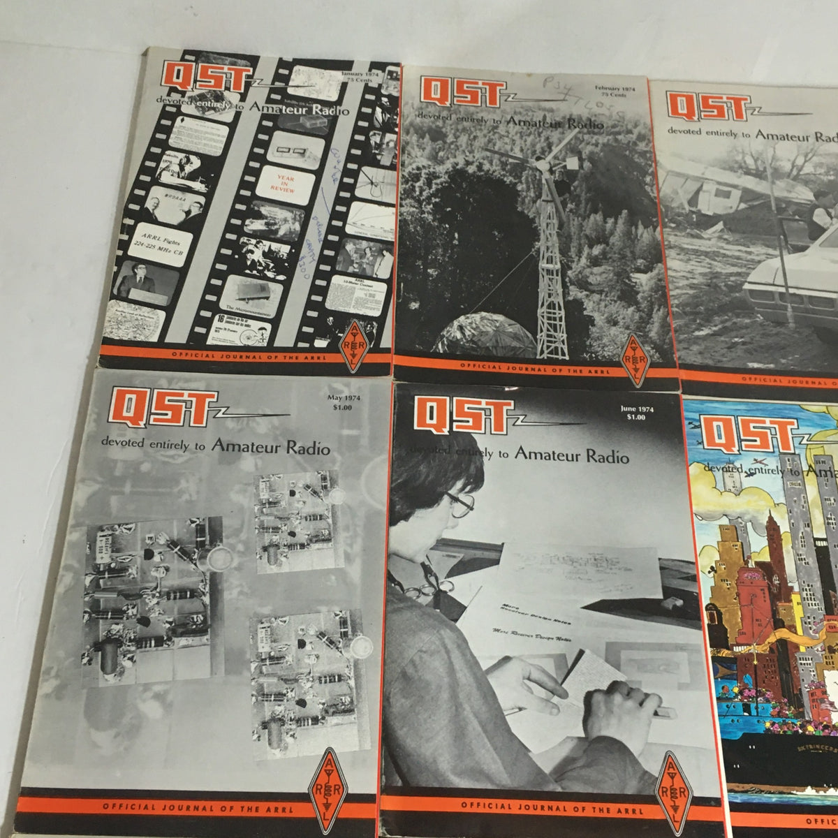 Lot of 12 Complete January to December 1974 QST Amateur Radio - Covers featuring various amateur radio topics, black and white images, and colorful designs.