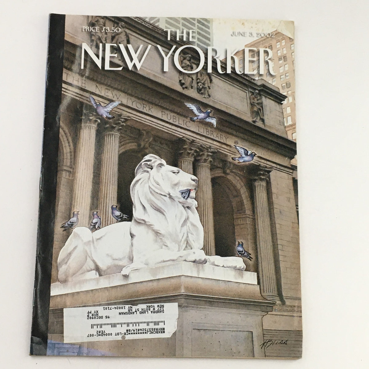 The New Yorker Full Magazine June 3 2002 cover feature with stunning artwork by Harry Bliss, depicting a lion statue at the New York Public Library surrounded by pigeons.
