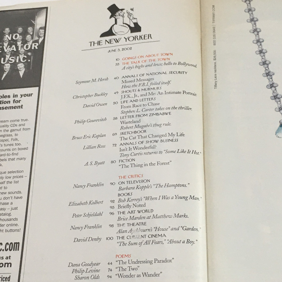 Table of contents from The New Yorker Full Magazine June 3 2002, showcasing various articles and contributors, reflecting the humor and cultural commentary characteristic of the publication.