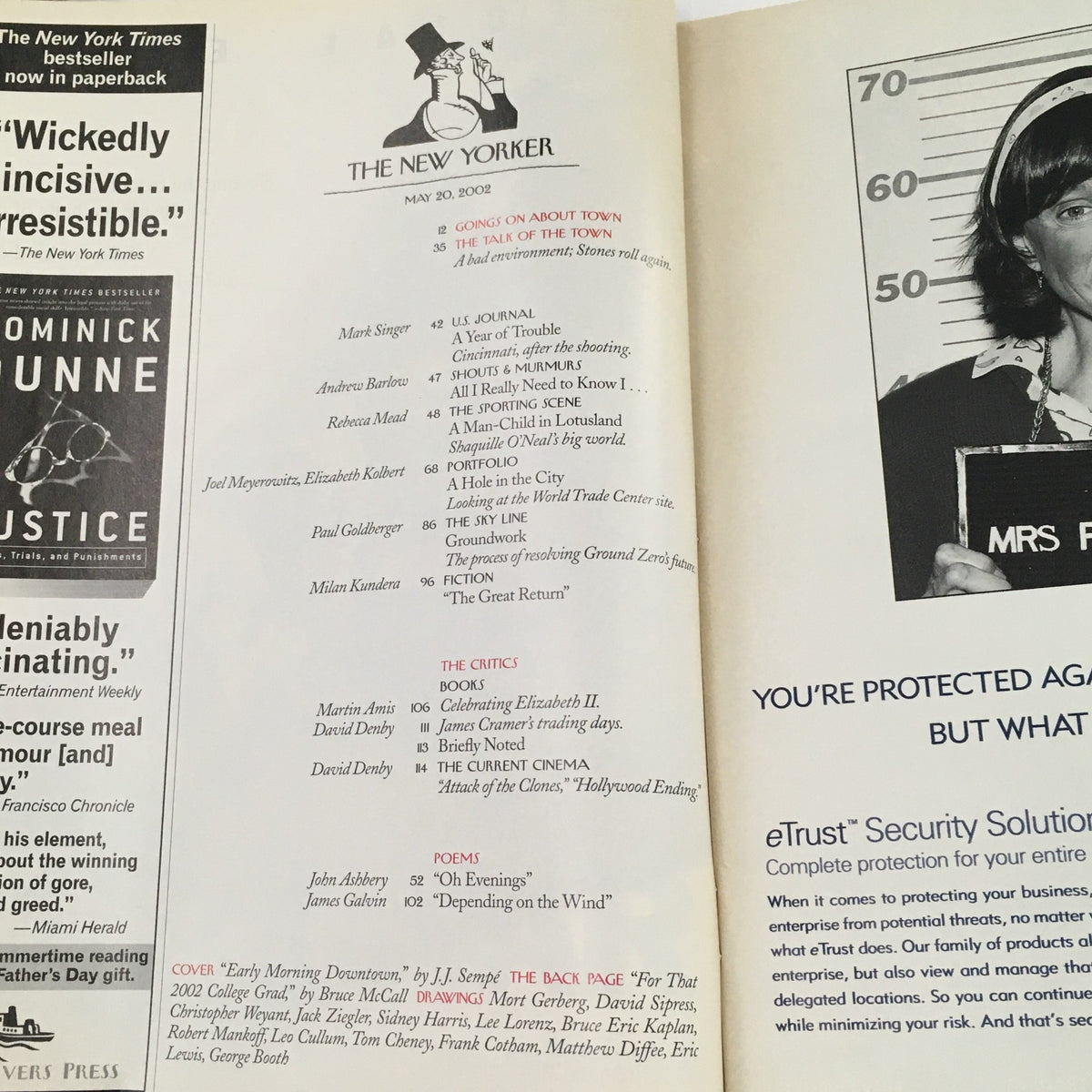 Inside page of The New Yorker Full Magazine May 20 2002 showcasing the table of contents and featured articles, highlighting the magazine's editorial style.