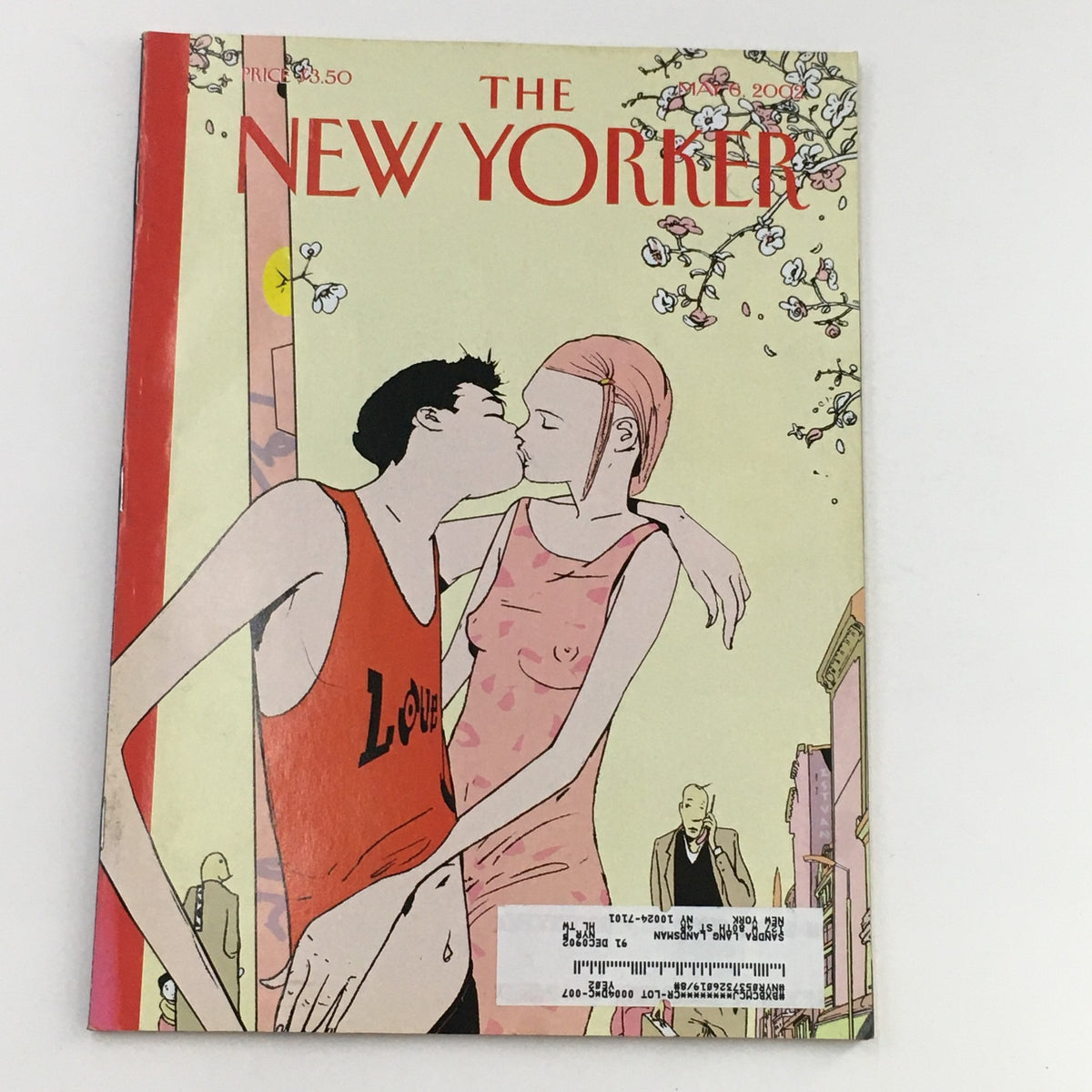 Cover of The New Yorker magazine from May 6, 2002, titled 'Spring is in the Air' by Istvan Banyai, featuring a colorful illustration of a couple sharing a kiss amid blossoming flowers.
