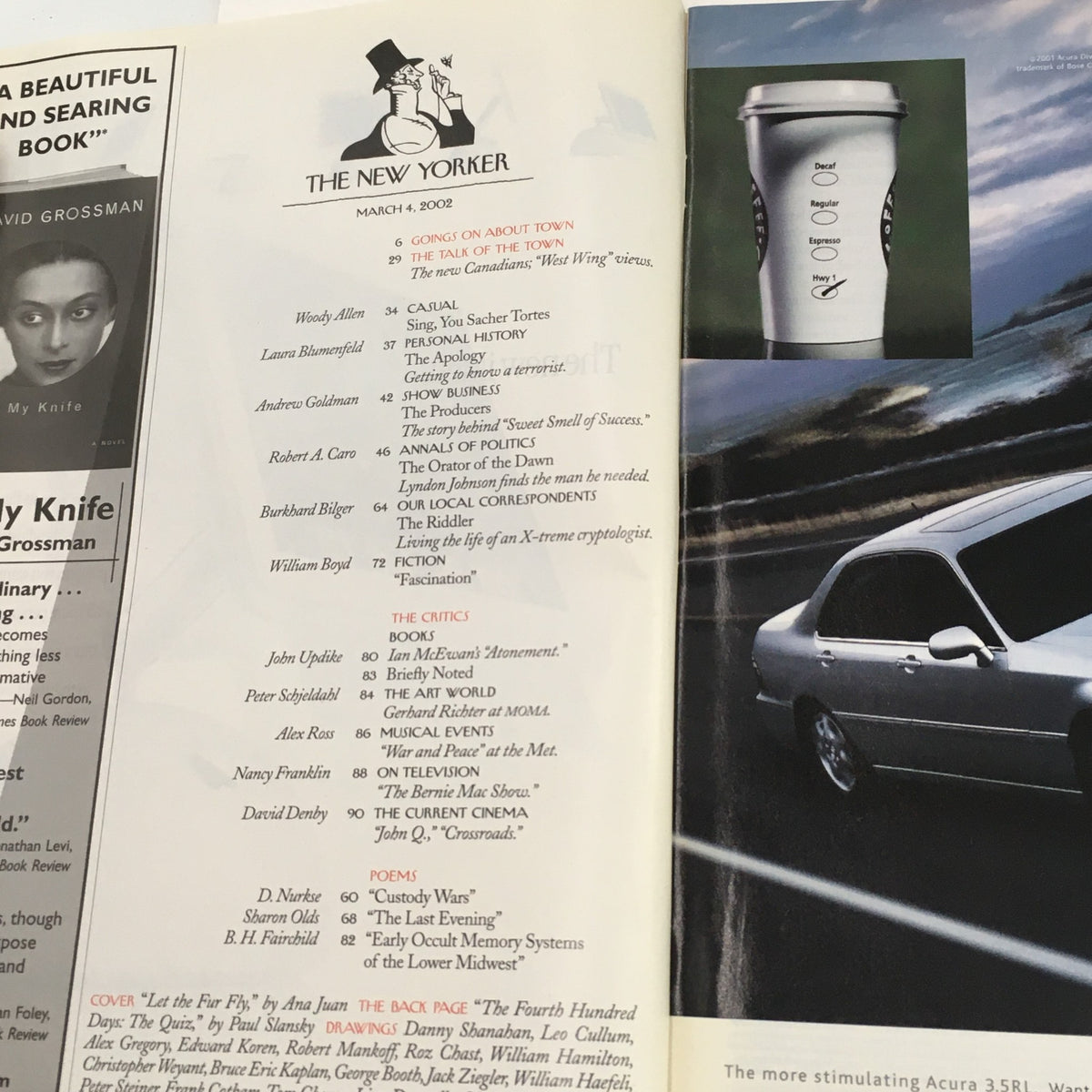 Inside page of The New Yorker March 4 2002, displaying editorial content and a coffee cup advertisement alongside the magazine's logo.