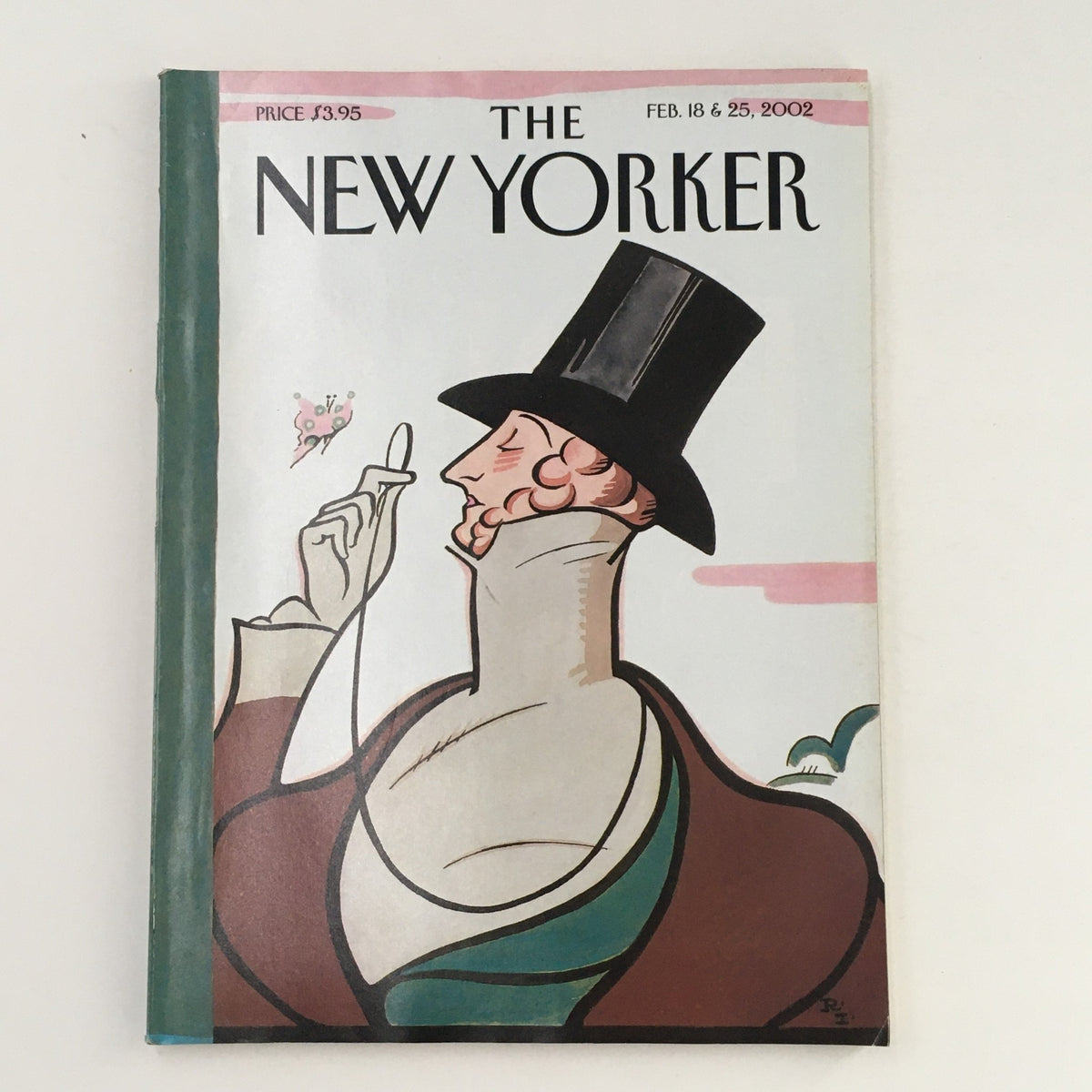 Cover of The New Yorker Full Magazine February 18, 2002, featuring 'The Fugitive' illustration by Rea Irvin, showcasing a stylish man in a top hat.