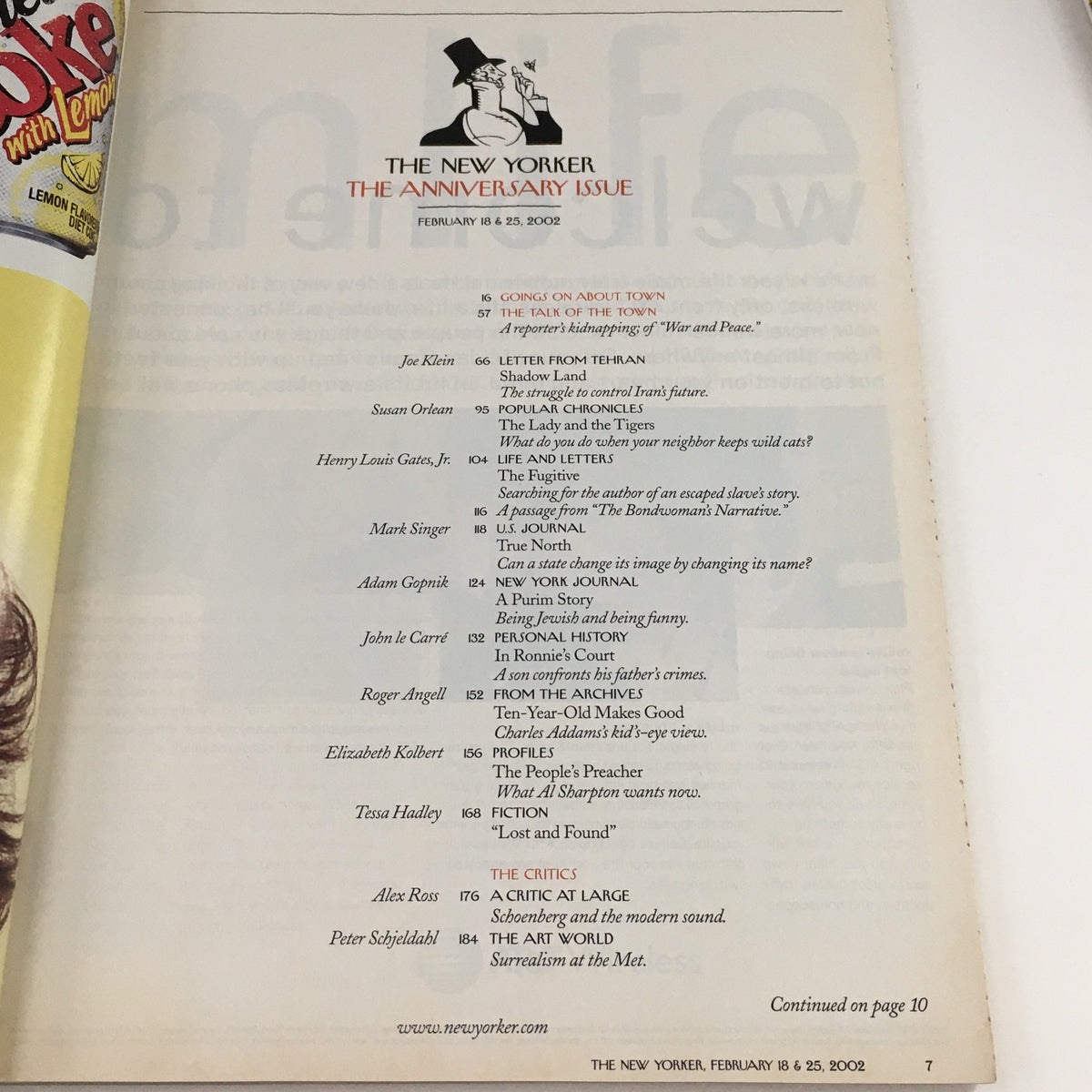 Table of contents for The New Yorker Full Magazine February 18, 2002, including article titles and contributors, highlighting the anniversary issue.
