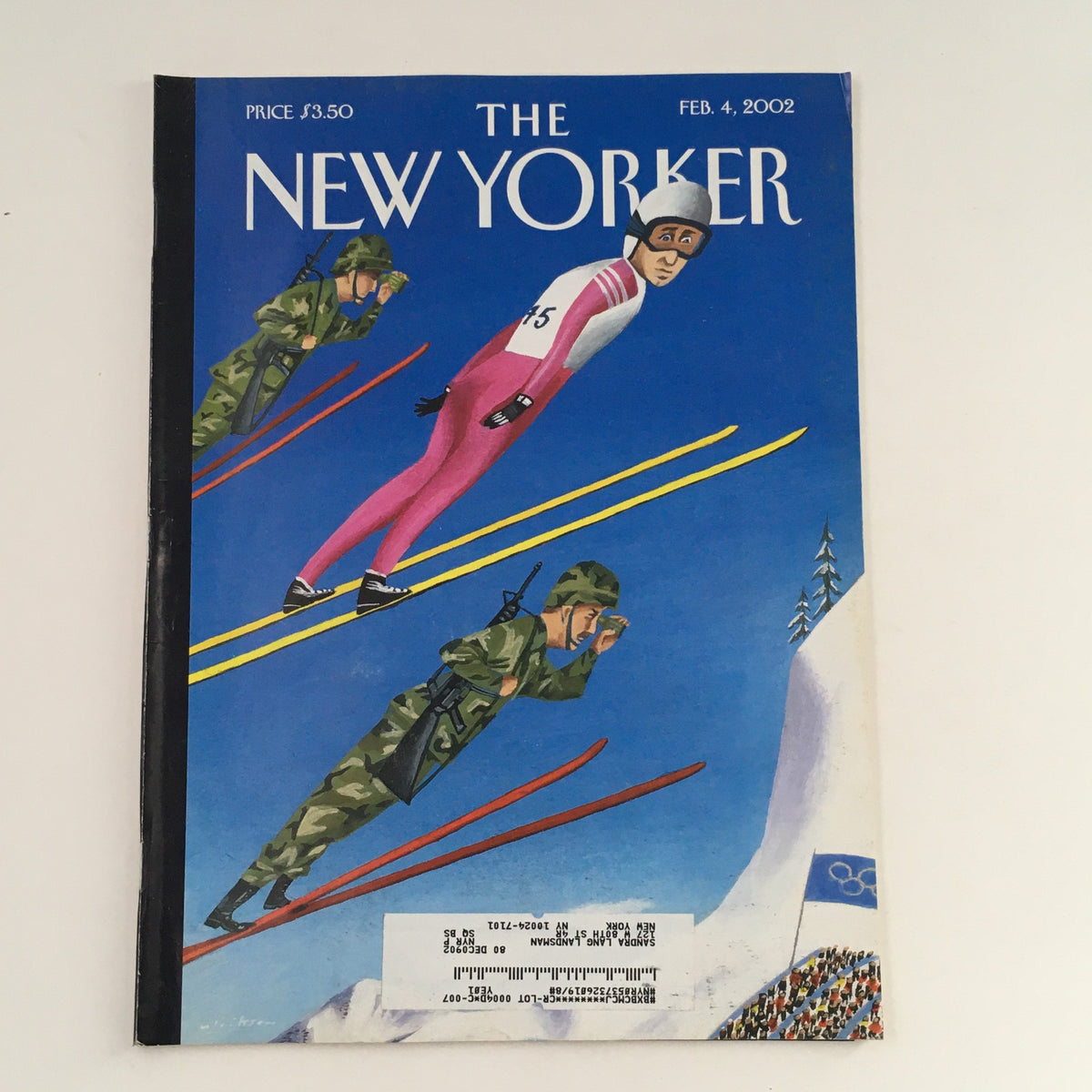 The New Yorker February 4 2002 Full Magazine Theme Cover by Mark Ulriksen featuring an illustration of skiers in action against a blue sky, capturing the essence of winter sports and artistic expression.