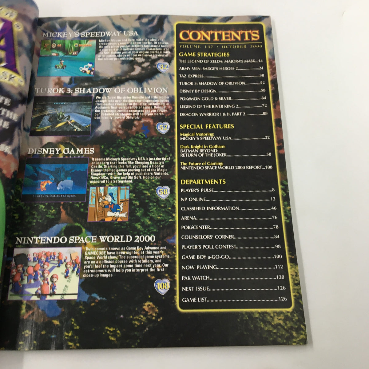 Contents page of Nintendo Power Magazine #137 October 2000, highlighting game strategies and special features including The Legend of Zelda and other games.