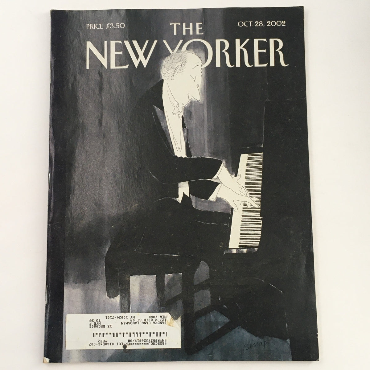 Cover of The New Yorker Full Magazine from October 28, 2002 featuring Scherzo art by Jean-Jacques Sempé, showcasing a pianist in a whimsical scene.