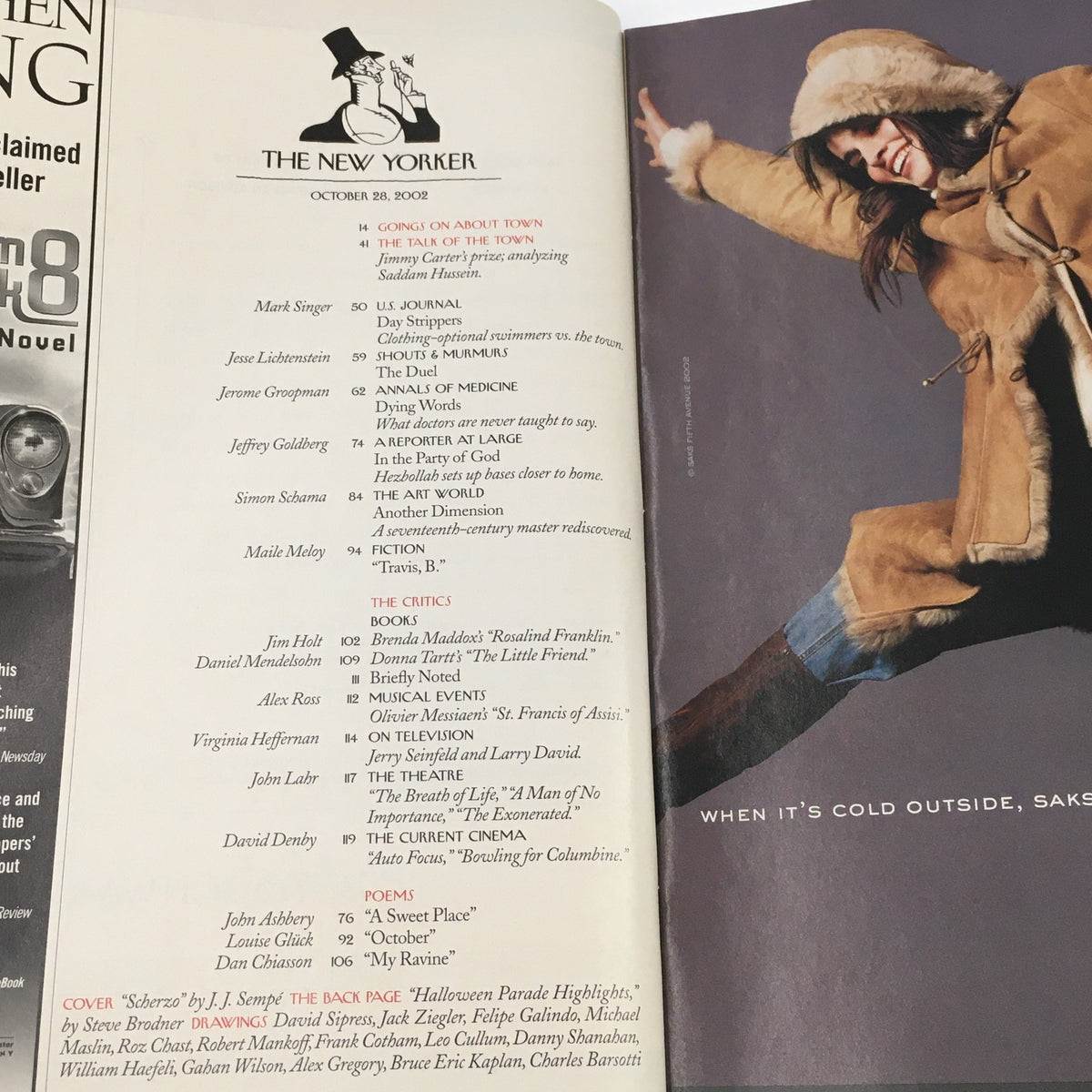 Inside page of The New Yorker Full Magazine from October 28, 2002, featuring the table of contents and a photograph of a woman in winter attire, showcasing the magazine's editorial content.