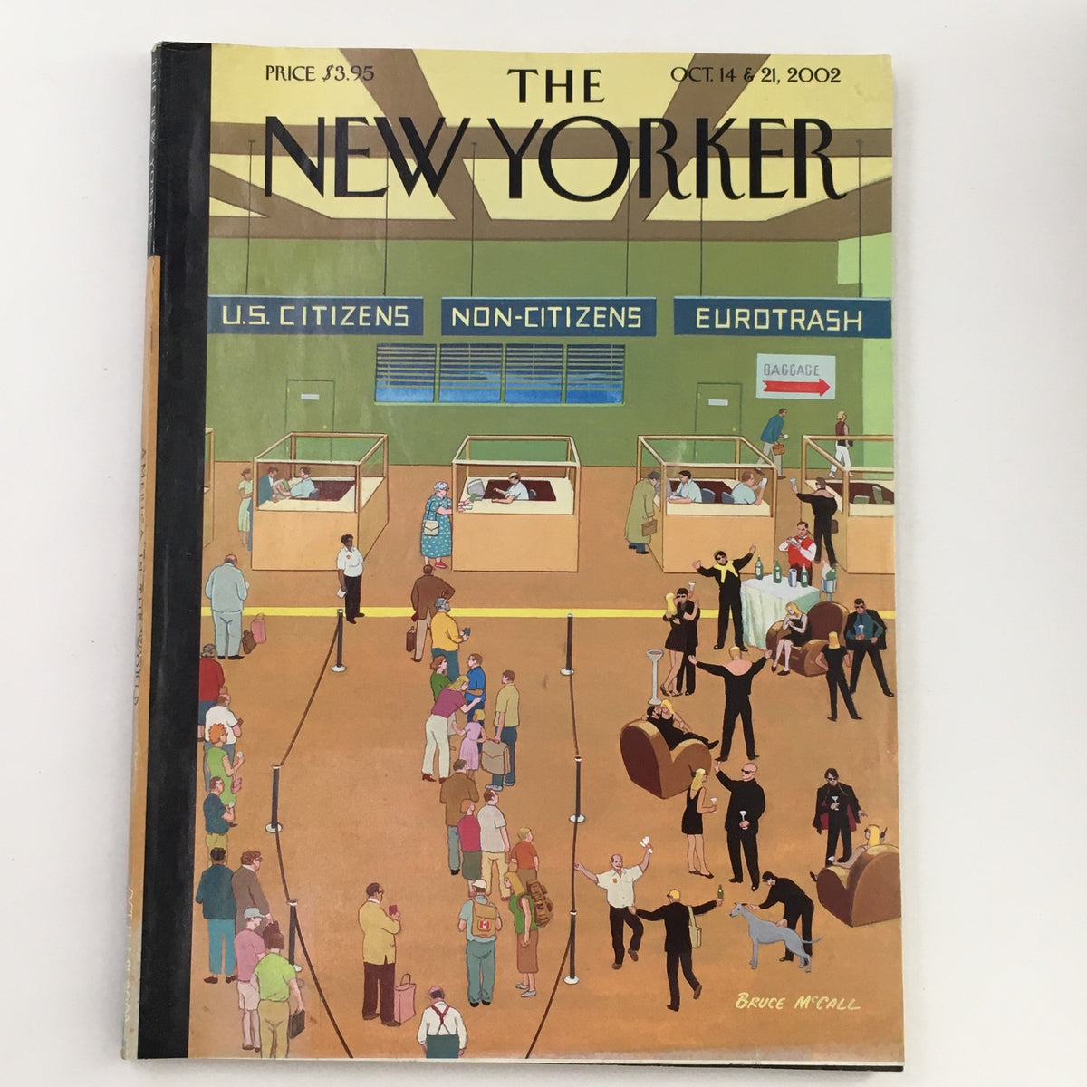 Cover of The New Yorker Full Magazine October 14 2002, illustrated by Bruce McCall, featuring a vibrant depiction of citizens at an airport check-in with the title 'U.S. Citizens, Non-Citizens, Eurotrash.'