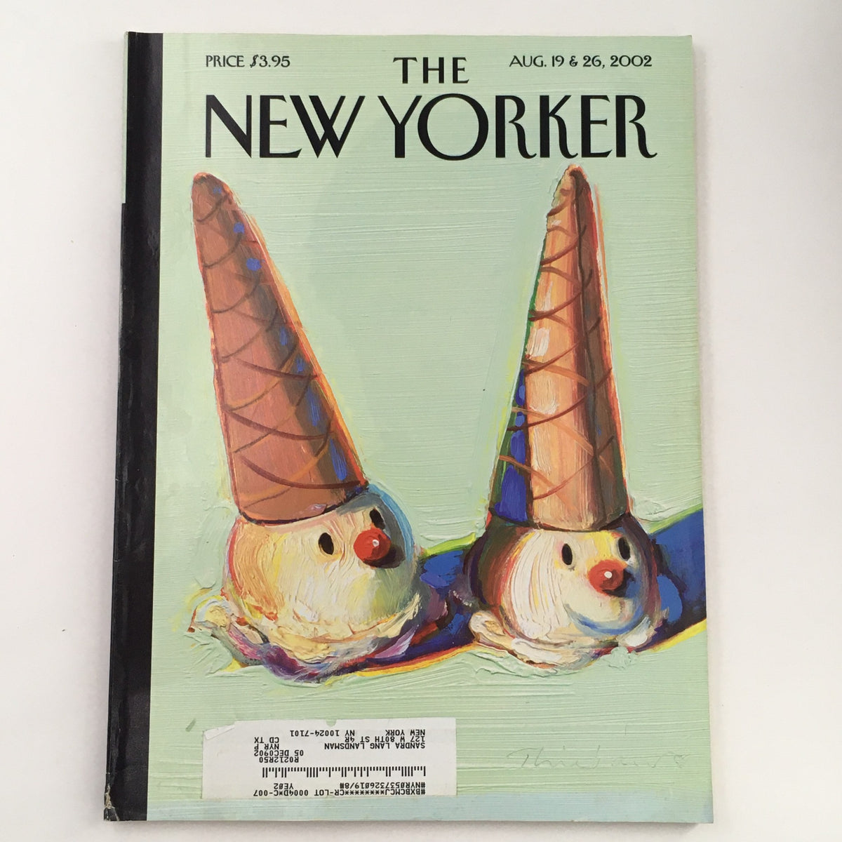 The New Yorker August 19 2002 Full Magazine Theme Cover by Wayne Thiebaud featuring vibrant artwork of clown-like ice cream cone characters.