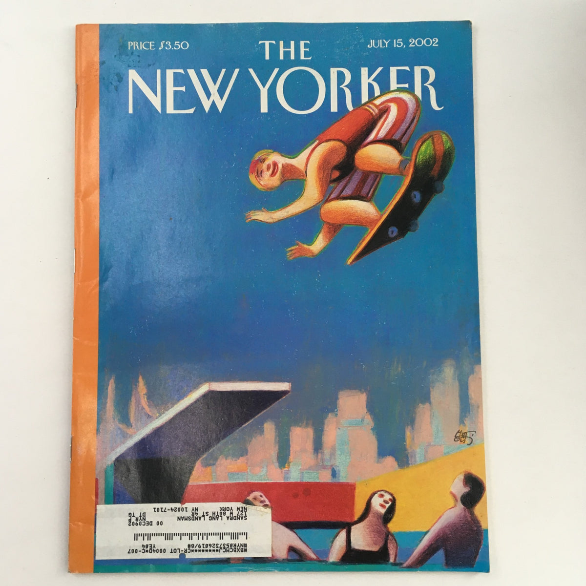 Cover of The New Yorker magazine from July 15, 2002, featuring 'Summer Highs' illustration by Lorenzo Mattotti, depicting a colorful summer scene with a swimmer and retro elements.