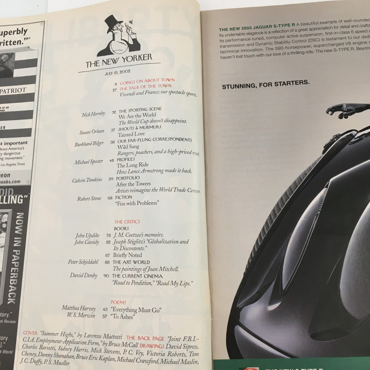 Interior view of The New Yorker full magazine July 15 2002 showcasing the table of contents and article highlights, featuring the cover art 'Summer Highs' by Lorenzo Mattotti.