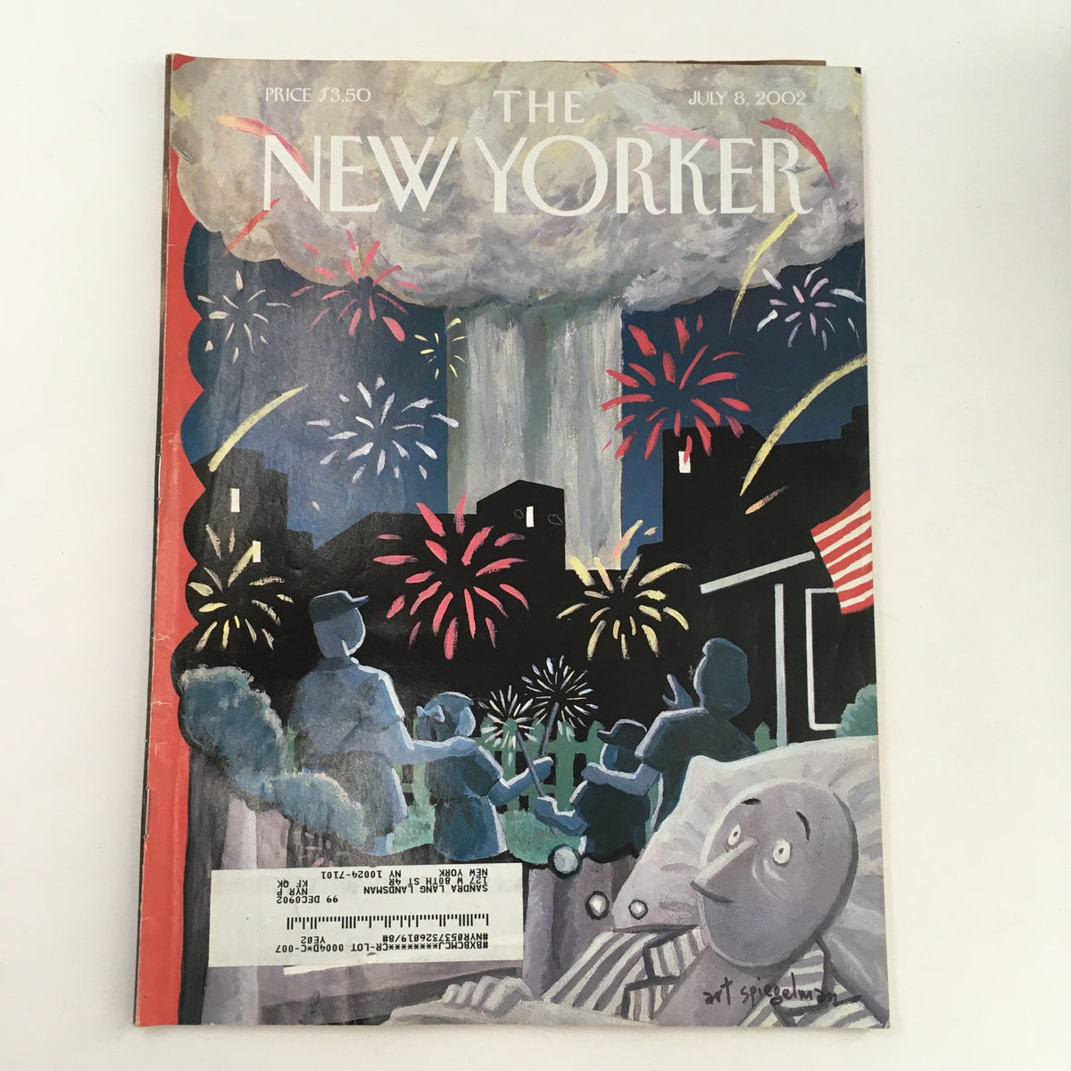 The New Yorker Full Magazine July 8 2002 cover featuring the artwork 'Fears of July 2002' by Art Spiegelman, depicting a dramatic scene with fireworks and a gray sky, reflecting the emotions of post-September 11.