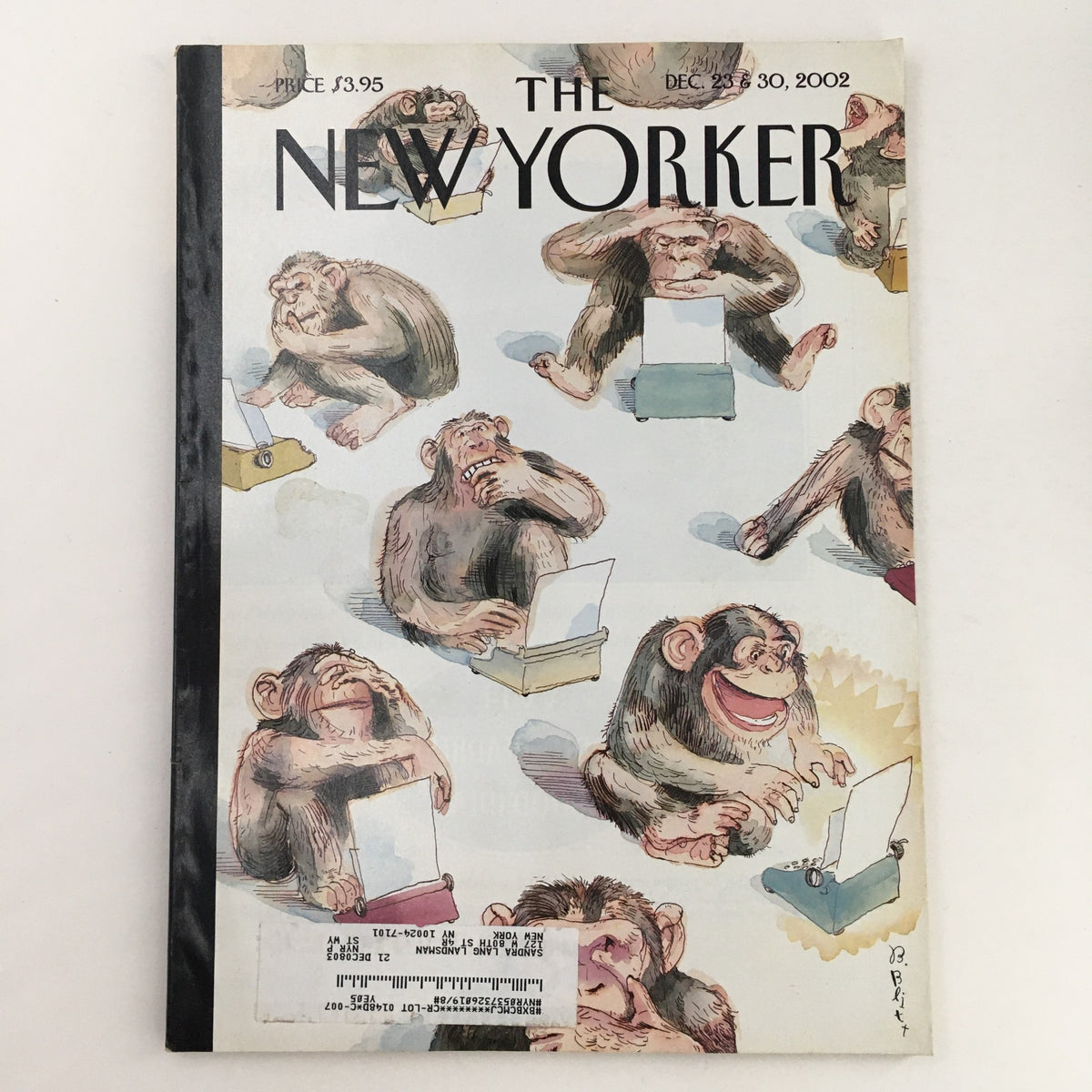 The New Yorker Full Magazine December 23, 2002 cover featuring playful illustrations of monkeys using typewriters, showcasing art by Barry Blitt.