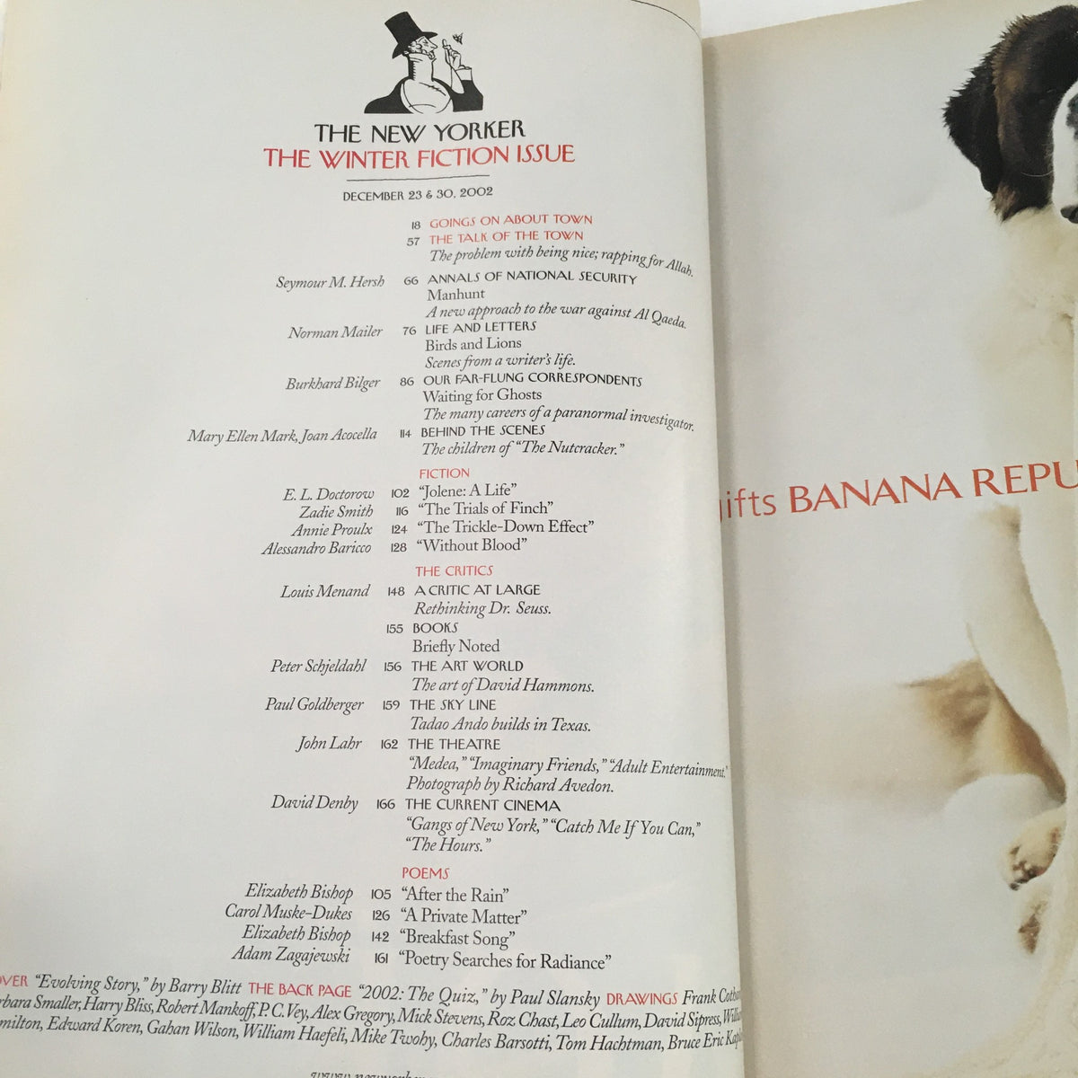 The New Yorker Full Magazine December 23, 2002, interior page highlighting the table of contents for the Winter Fiction issue.