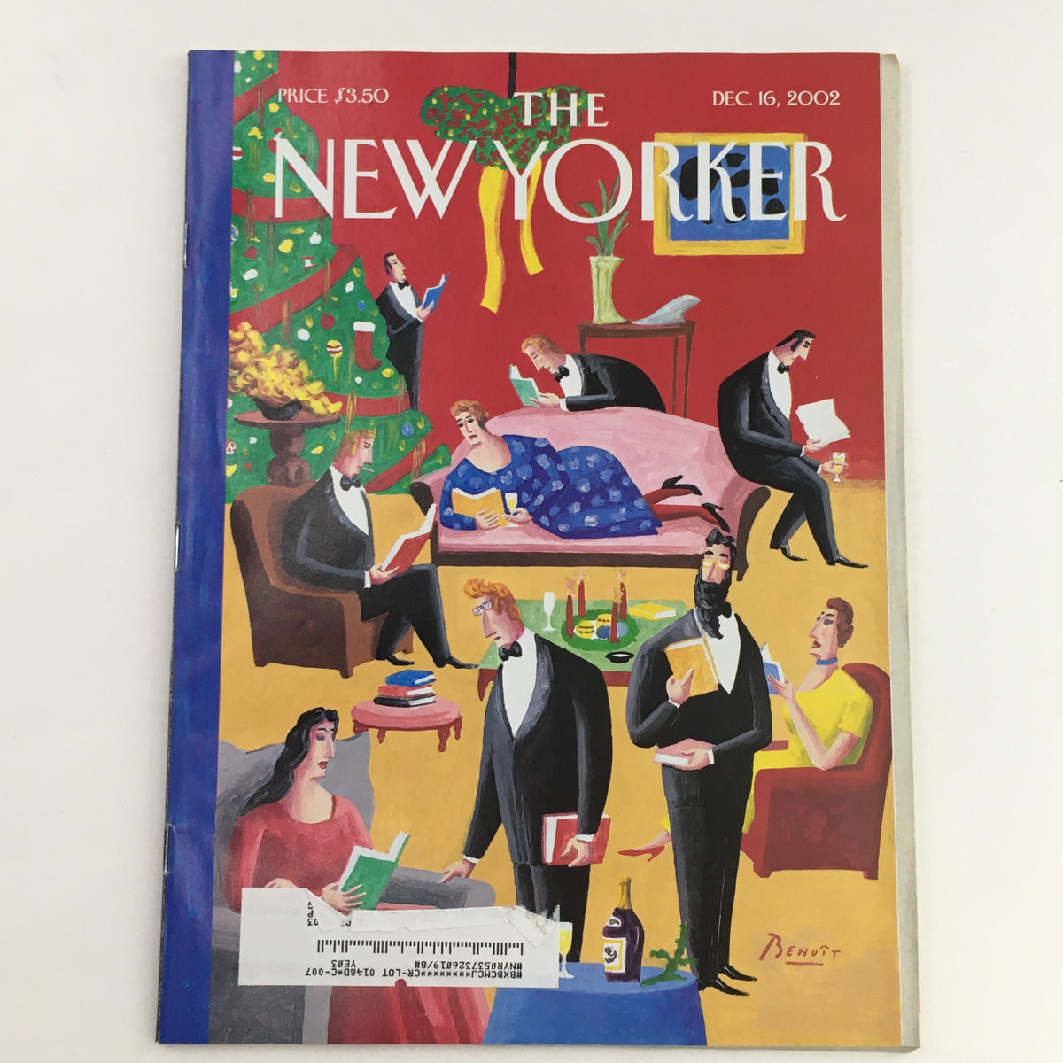 The New Yorker Magazine December 16 2002 cover featuring a festive holiday scene illustrated by Benoit van Innis, showcasing characters in elegant attire engaged in seasonal activities around a Christmas tree.