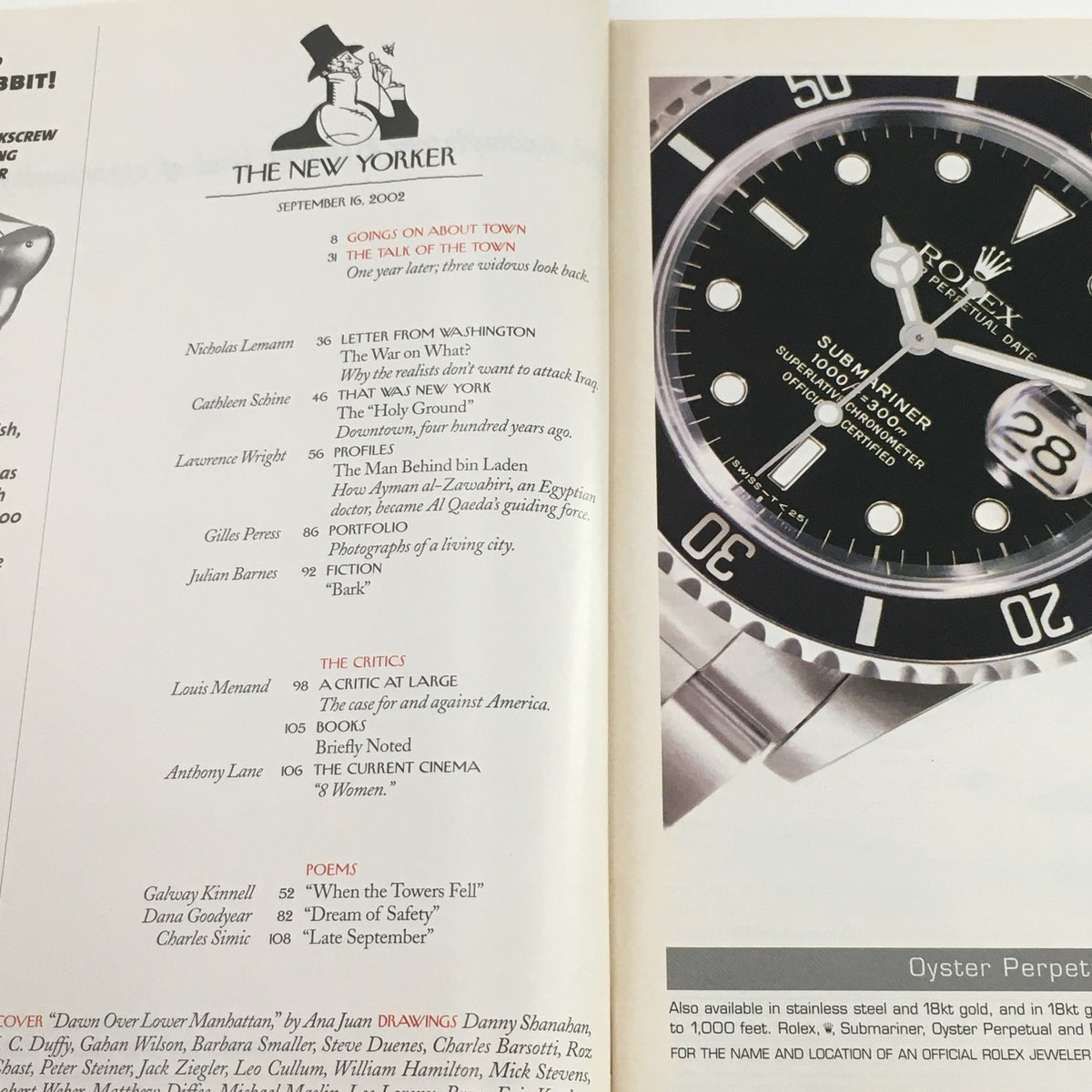 Interior page of The New Yorker Magazine from September 16, 2002, featuring articles and advertisements alongside a Rolex watch, showcasing literary and cultural content.