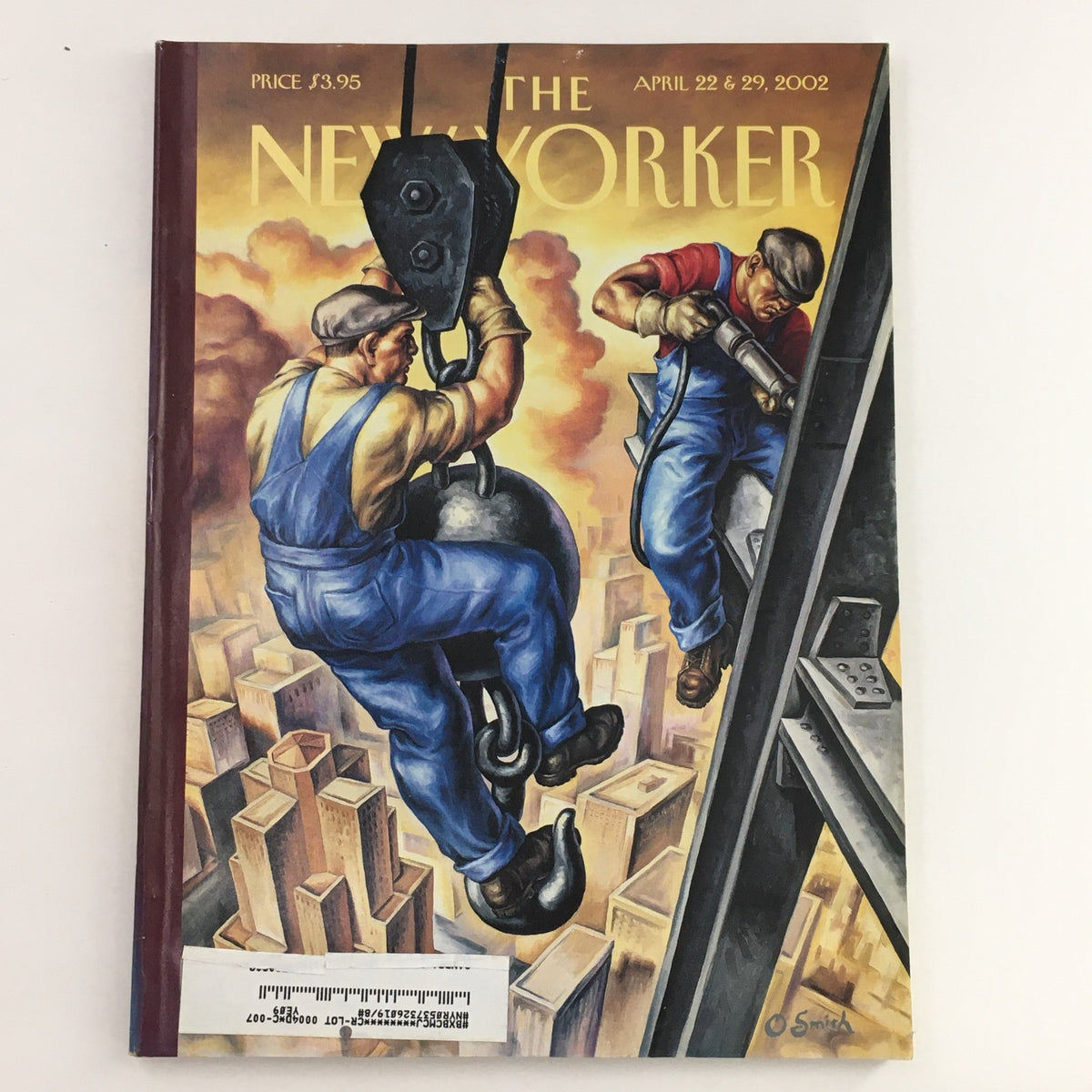 Cover of The New Yorker magazine dated April 22, 2002, featuring the illustration 'Two-State Stories' by Owen Smith, depicting two construction workers high above a cityscape.