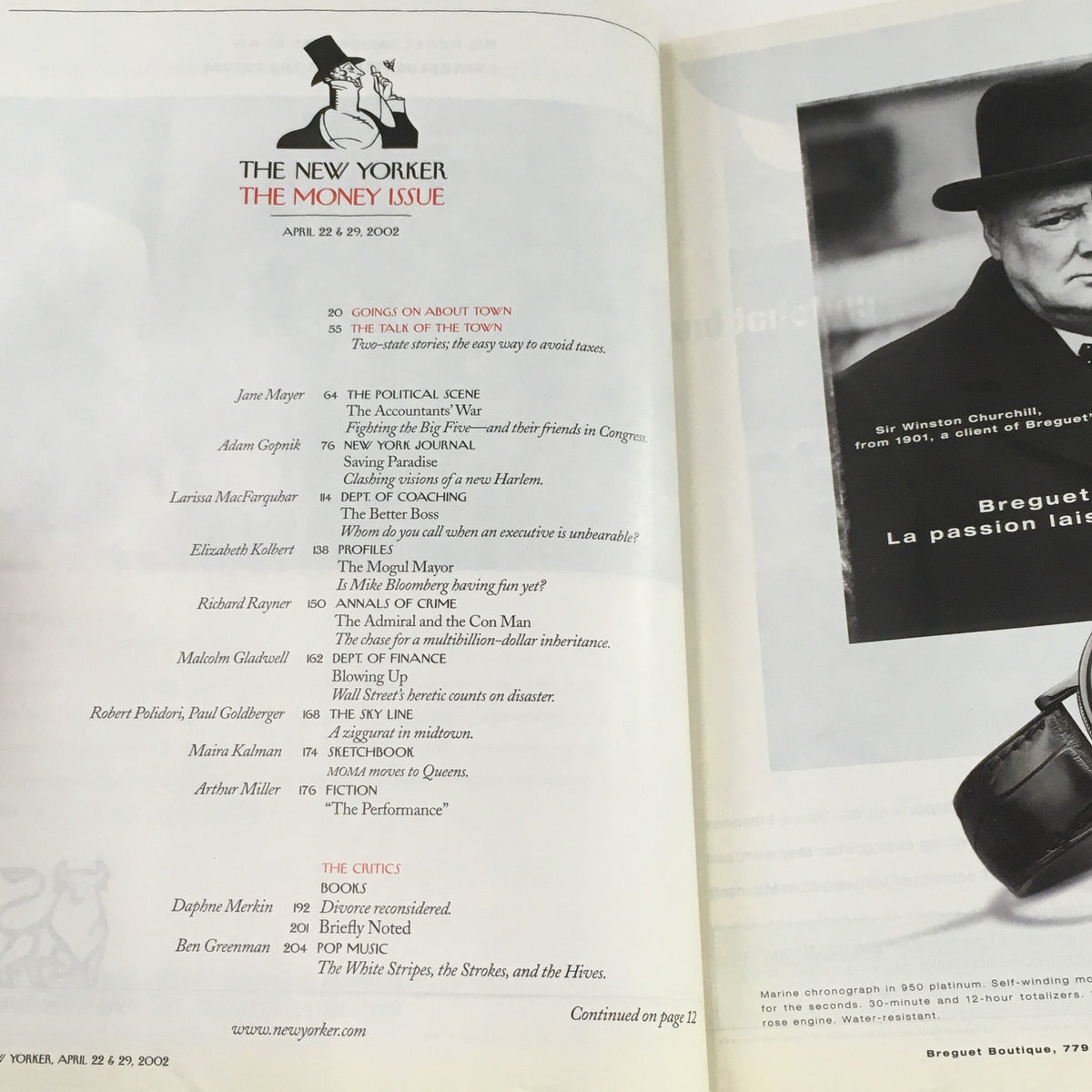 Inside page of The New Yorker magazine, April 22, 2002 issue, showcasing the table of contents for 'The Money Issue', highlighting various articles and contributors.