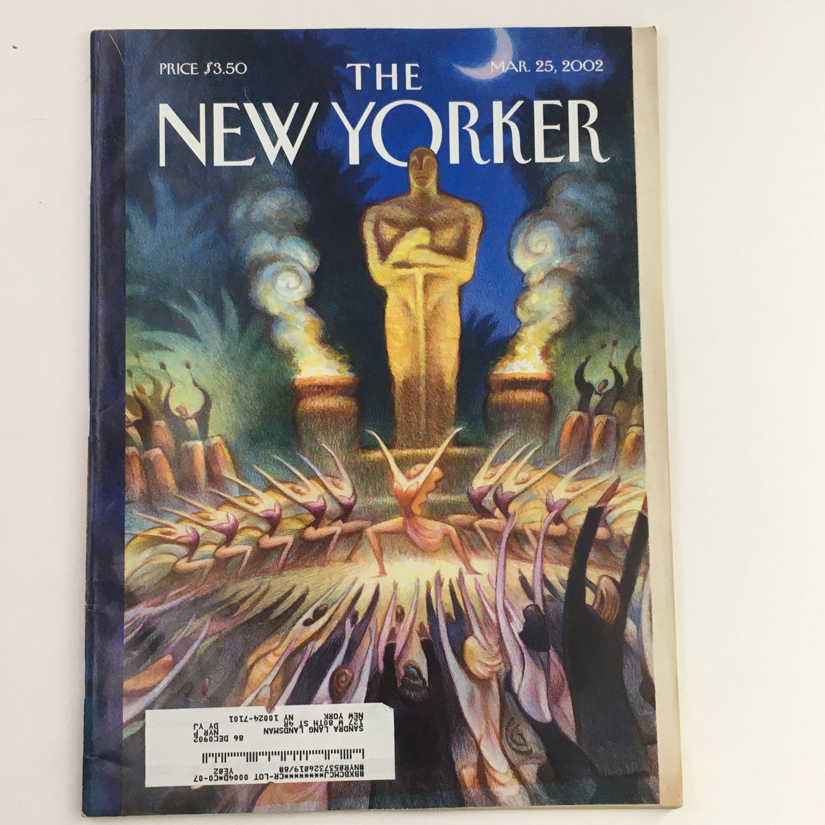 Cover of The New Yorker magazine, March 25, 2002, featuring artwork by Carter Goodrich, depicting a statue and crowd, capturing the essence of Hollywood during the Academy Awards.