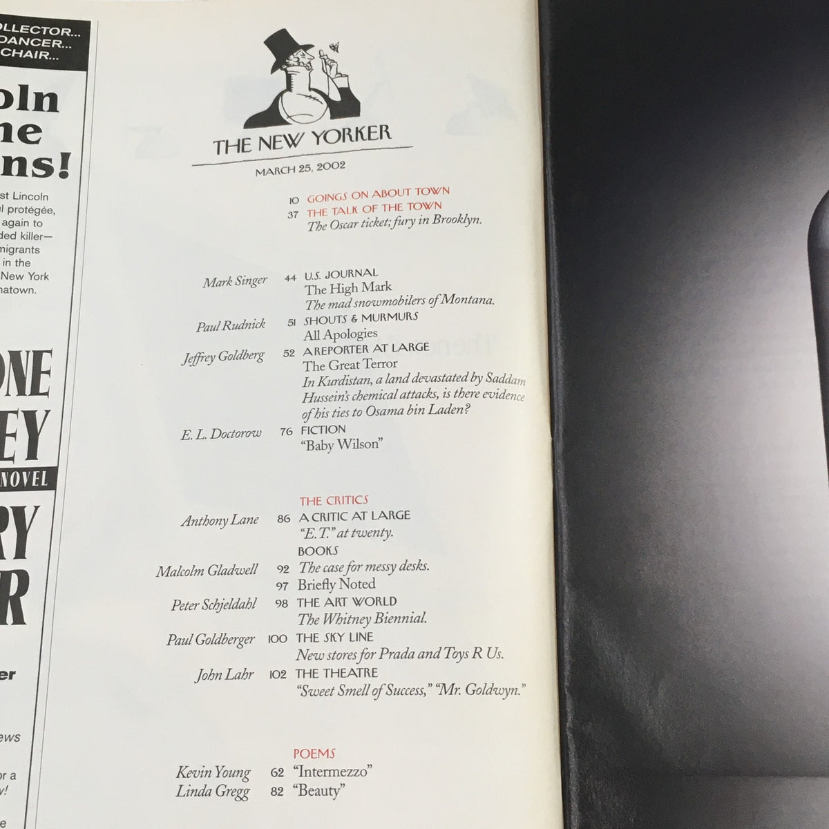 Table of contents page of The New Yorker magazine, March 25, 2002, outlining articles and features including 'Songs on About Town' and 'The Critics', highlighting cultural commentary.