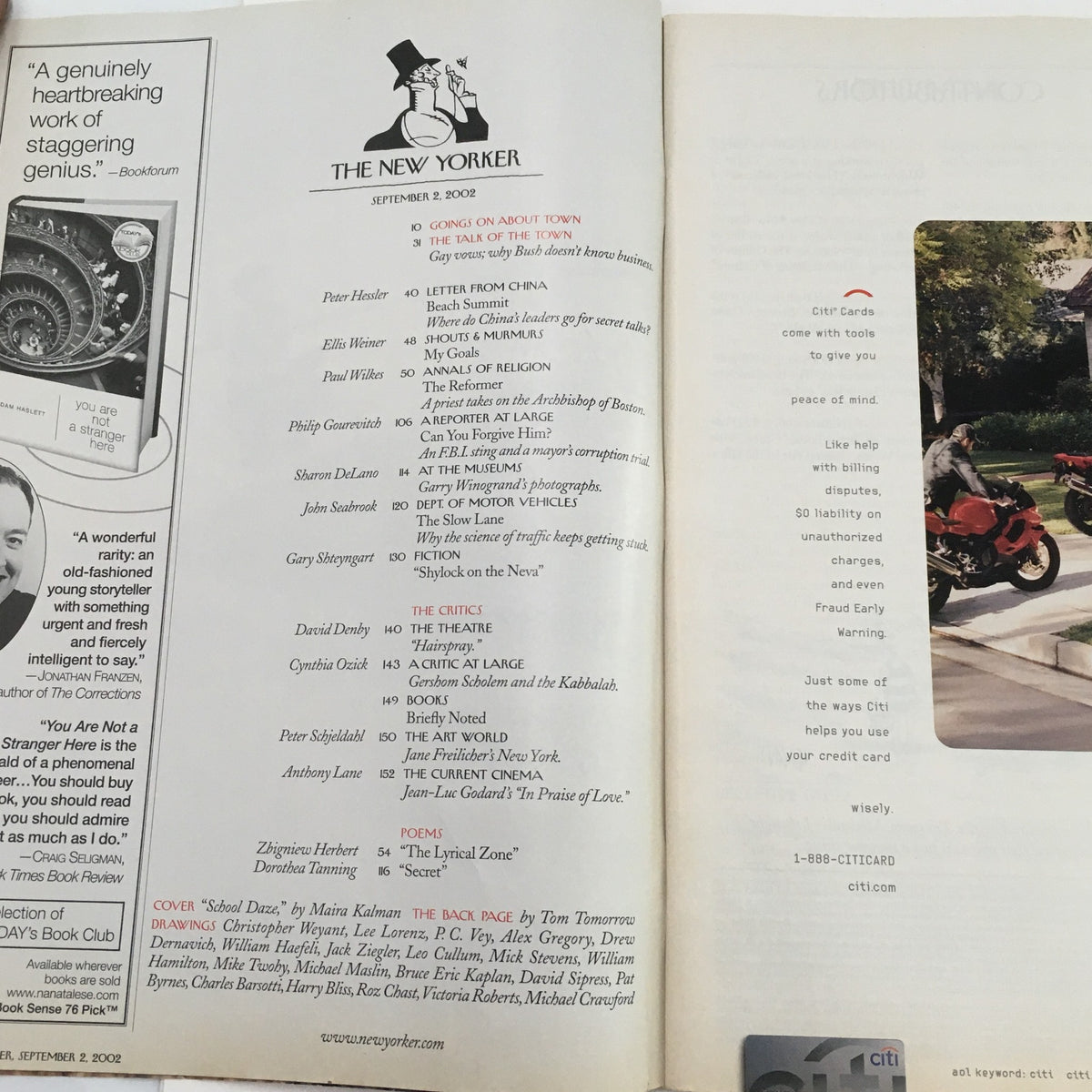 Pages from The New Yorker Full Magazine September 2 2002, featuring the magazine's table of contents and an advertisement, reflecting the nostalgia and unique editorial style of the publication.