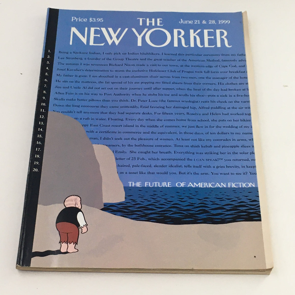 Cover of The New Yorker Full Magazine June 21, 1999 featuring an illustration highlighting the theme 'The Future of American Fiction'. The cover art by Chip Kidd showcases a minimalist design with a coastal scene and a child walking by the shore.