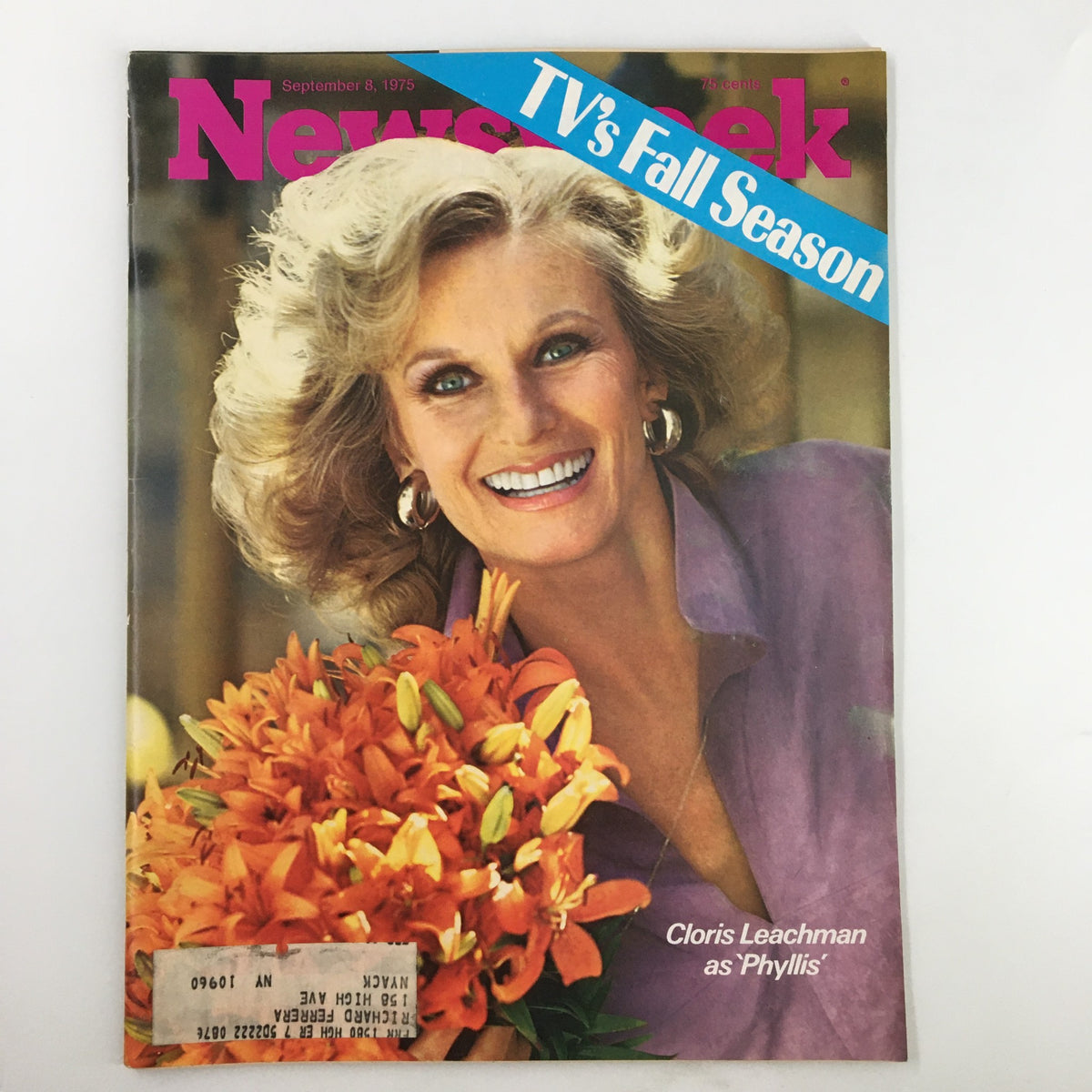 VTG Newsweek Magazine September 8 1975 featuring Cloris Leachman as 'Phyllis' with vibrant orange flowers and a headline about TV's Fall Season.