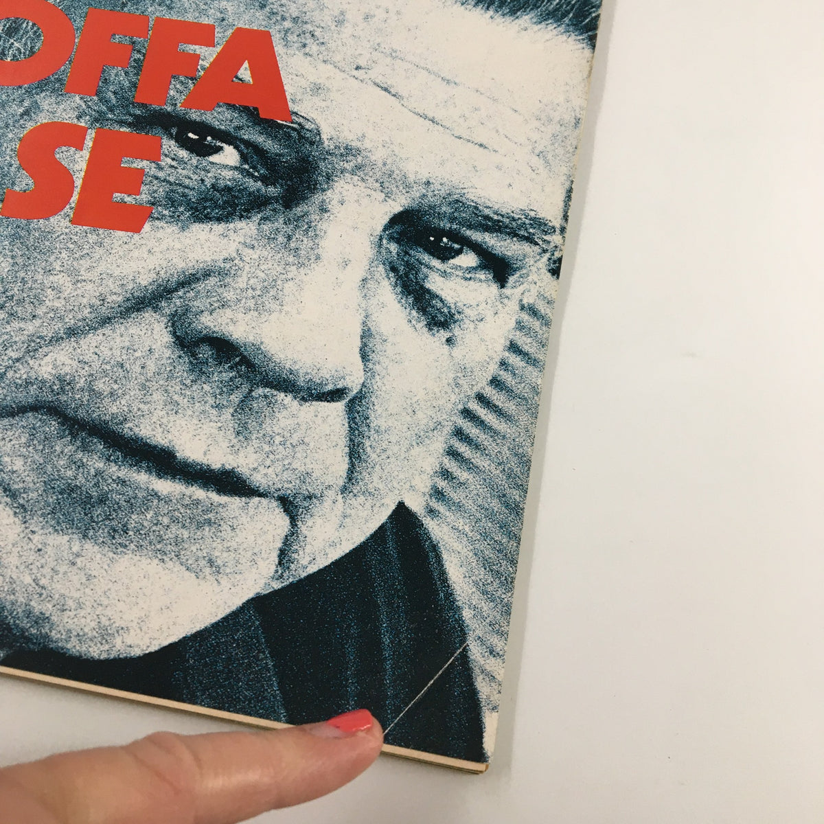 Close-up of VTG Newsweek Magazine August 18, 1975 cover, detailing The Jimmy Hoffa Case with visible wear and creases for collectors.