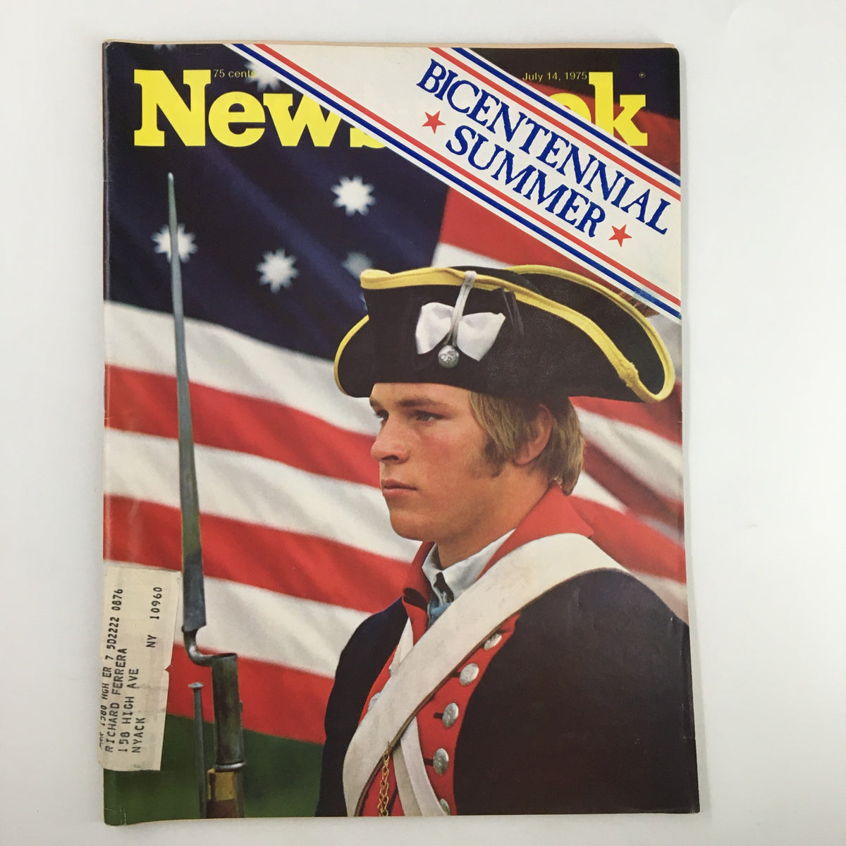 Cover of the VTG Newsweek Magazine dated July 14, 1975, featuring a soldier in historical attire, proudly standing in front of an American flag with the title 'Bicentennial Summer' highlighted.
