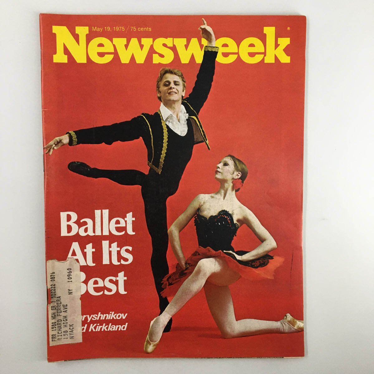 May 19, 1975 Newsweek magazine cover featuring ballet icons Mikhail Baryshnikov and Gelsey Kirkland, showcasing the theme 'Ballet At Its Best' with a vibrant red background.