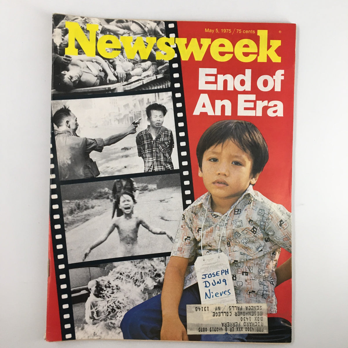 Cover of Newsweek Magazine dated May 5, 1975 featuring the title 'End of an Era' by Joseph Dung Nieves, showcasing a photo collage reflecting 1970s socio-political themes.