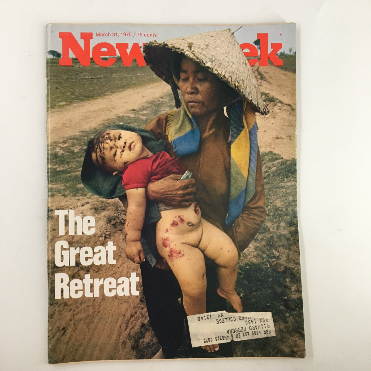 Cover of Newsweek Magazine dated March 31, 1975, featuring a poignant photo related to The Great Retreat, depicting an individual carrying a child in a rural setting, highlighting the political climate of the 1970s.