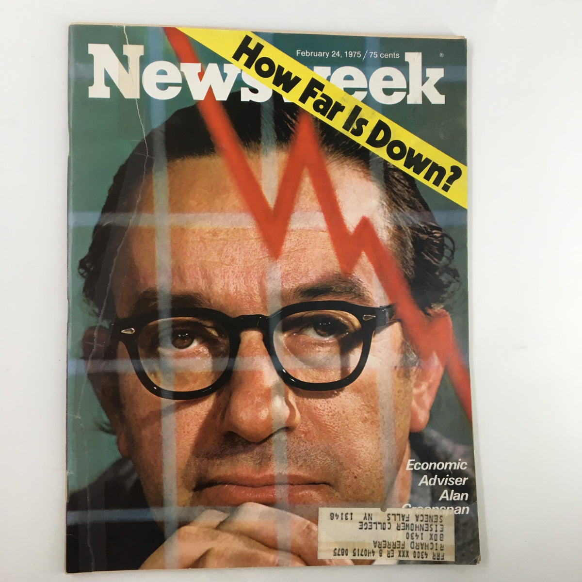 Cover of Newsweek Magazine from February 24, 1975, featuring a portrait of economic adviser Alan Greenspan, accompanied by a red graph line indicating economic trends and the question 'How Far Is Down?'