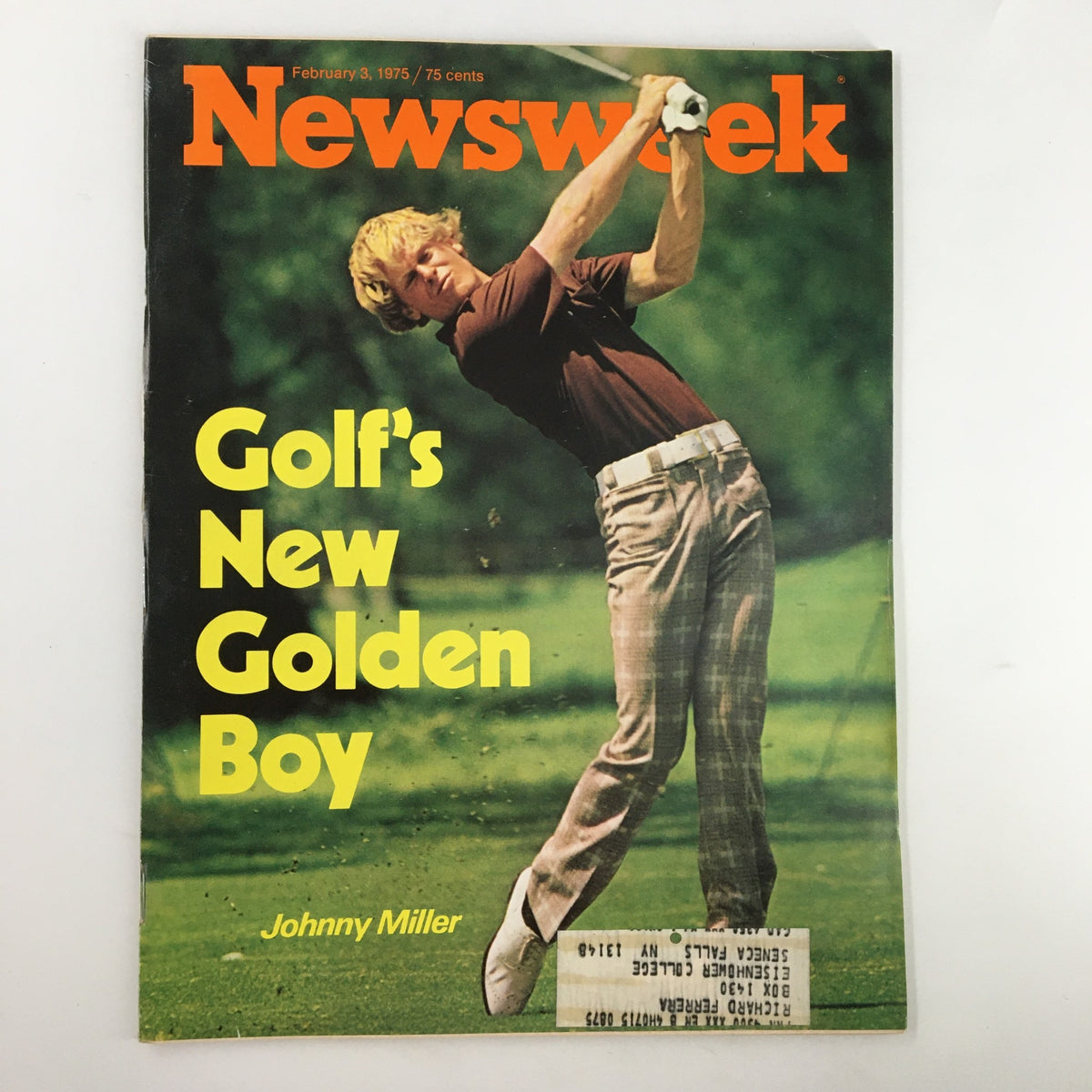 Cover of the February 3, 1975 issue of Newsweek magazine featuring the headline 'Golf's New Golden Boy' and a photograph of Johnny Miller in action on the golf course.