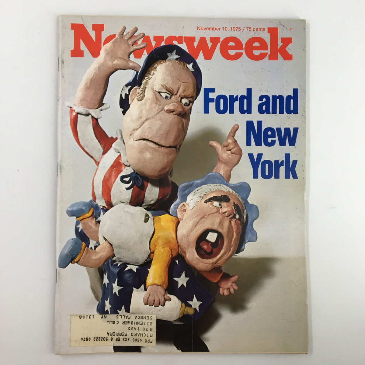 Cover of Newsweek Magazine dated November 10, 1975, featuring a political cartoon depicting President Gerald Ford and the New York theme, showcasing the social and political climate of the 1970s.