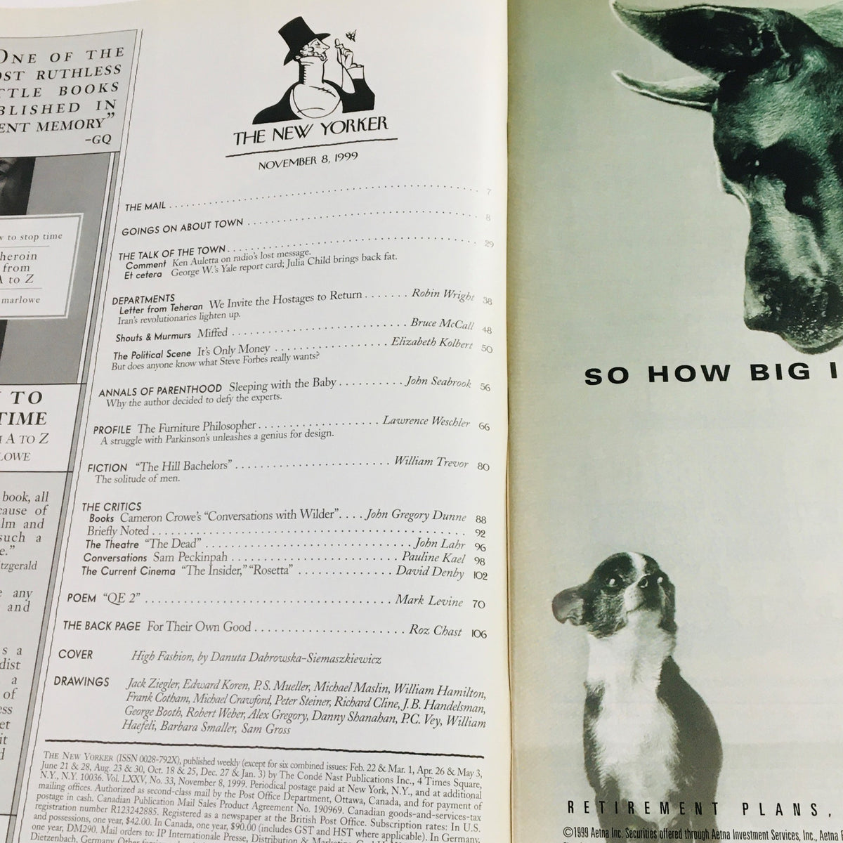 Inside pages of The New Yorker Full Magazine, November 8, 1999, displaying the contents with a playful dog featured on the right, highlighting articles and features from that issue.