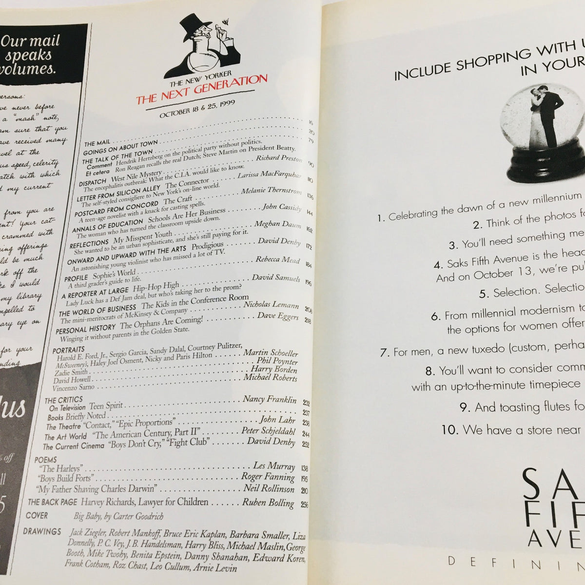 Interior page from The New Yorker Full Magazine October 18 1999, displaying the table of contents and an advertisement, emphasizing the magazine's editorial content and design.