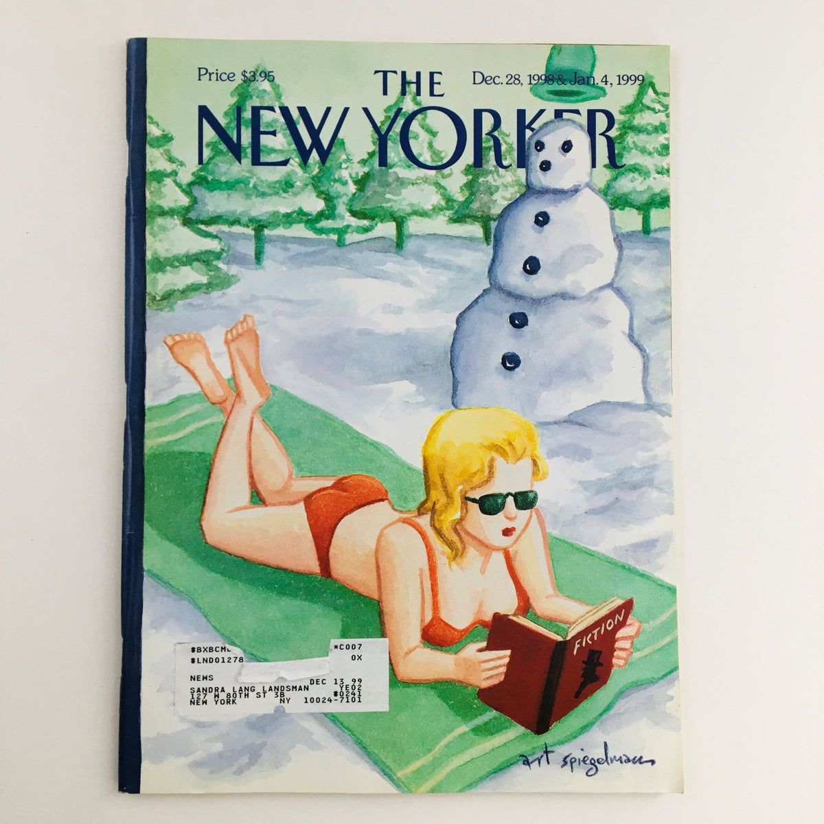 The New Yorker December 28 1998 Full Magazine with a theme cover by Art Spiegelman depicting a woman in sunglasses reading on a beach towel, featuring a snowman in a winter scene.